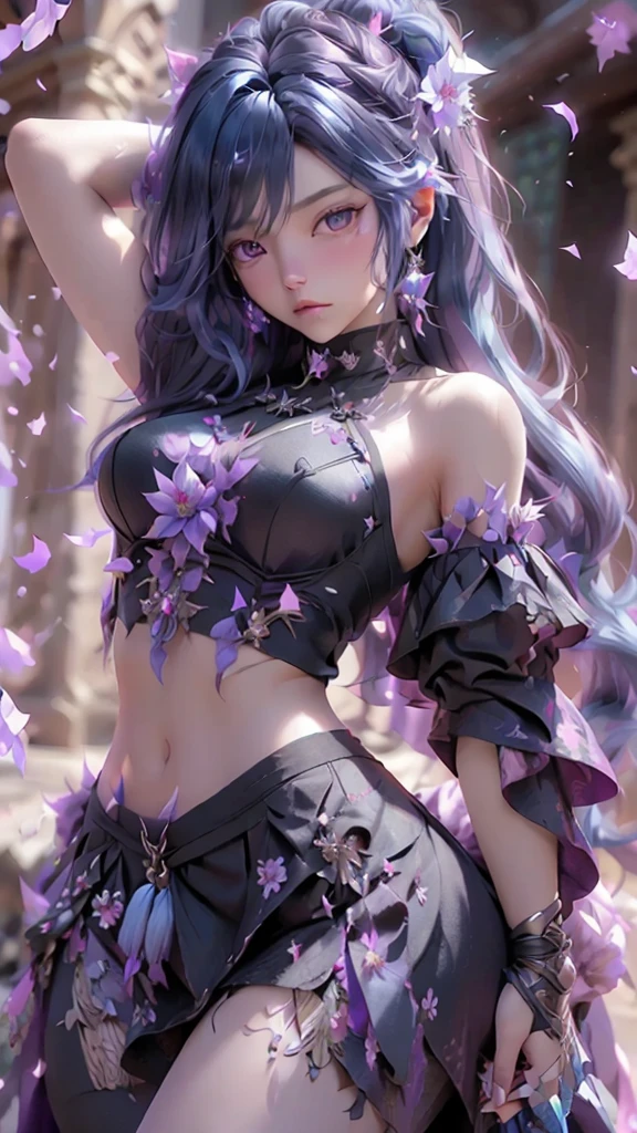  A young Japanese woman , warrior,  Combat Stance, wielding a sword,  very detailedな,   Brilliant Appearance , Creative Action,  Extremely Detailed , Imaginative,  sensual, Spontaneous ,  top quality,  skin texture,  ((straight hair)), ((hair over eyes)),  ((midnight blue hair)),   toned body,  ((huge breasts)),  Big Breasts,   plump thighs,   Purple armor with a thistle flower pattern engraved on it is a bikini type design that emphasizes chest exposure,  ( Wear a black cloak with a thistle flower pattern ),  peplum skirt,   purple shin guard with thistle flowers engraved on it ,  Black high-leg underwear ,  Black tights,   absolute domain,  intricate details , ( Cinematic Lighting ),  Dramatic lighting,  ((Clear Sky Thunderbolt)),  (( Full bloom thistle flowers are blooming in full bloom in the background )),  (( Large thistle flowers in full bloom on the front )),    RAW photos , 8k, masterpiece,   top quality, ultra detailed , Extremely Detailed イラスト, very detailed,  intricate details , high definition ,超 intricate details, very detailed 8k cg wallpaper,