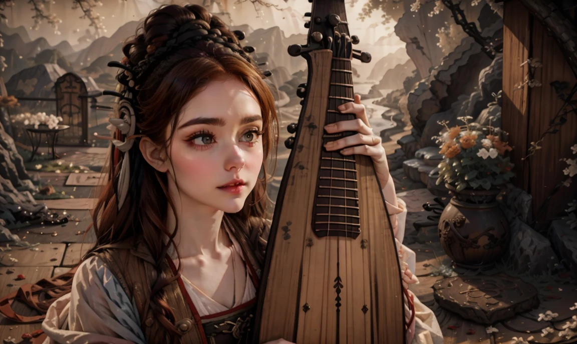 fantasy, realistic. close up. ((bright color palette:1.5)). ((red-haired:1.5)), ((one classy stunning gorgeous female high-class bard:1.5)), ((light brown eyes:1.5)), ((happy smiling beautiful expression:1.5)), wearing expensive feminine clothing, holding a lute, ((looking straight at the camera:1.5)), colorful village background.