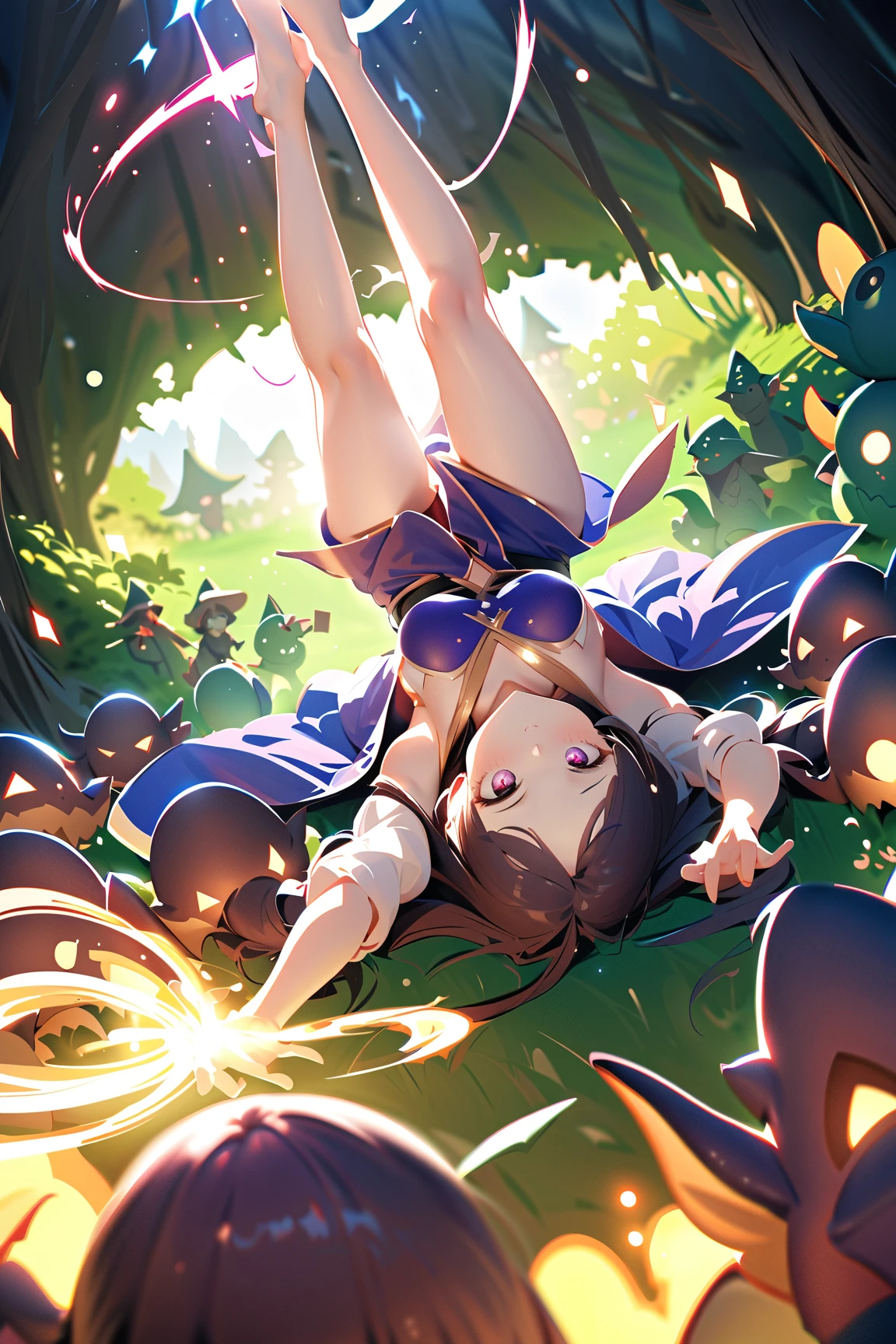 1 girl, (cute face), , long hair, (surprised expression), (wide eyes), medium breasts, slim, (wearing a whimsical mage outfit with flowing robes), knee length, (fair skin),  
BREAK  
Magical forest, swirling magic, inverted objects, (casting a spell:1.2), (surrounded by upside-down goblins:1.2), outdoors  
BREAK  
(bright magical lighting, sparkling effects, playful shadows), humorous atmosphere, dynamic action shot, character focus,  
BREAK  
high fantasy, game cg, absurdres, highres, ultra detailed, beautiful, (masterpiece), (best quality:1.2),
