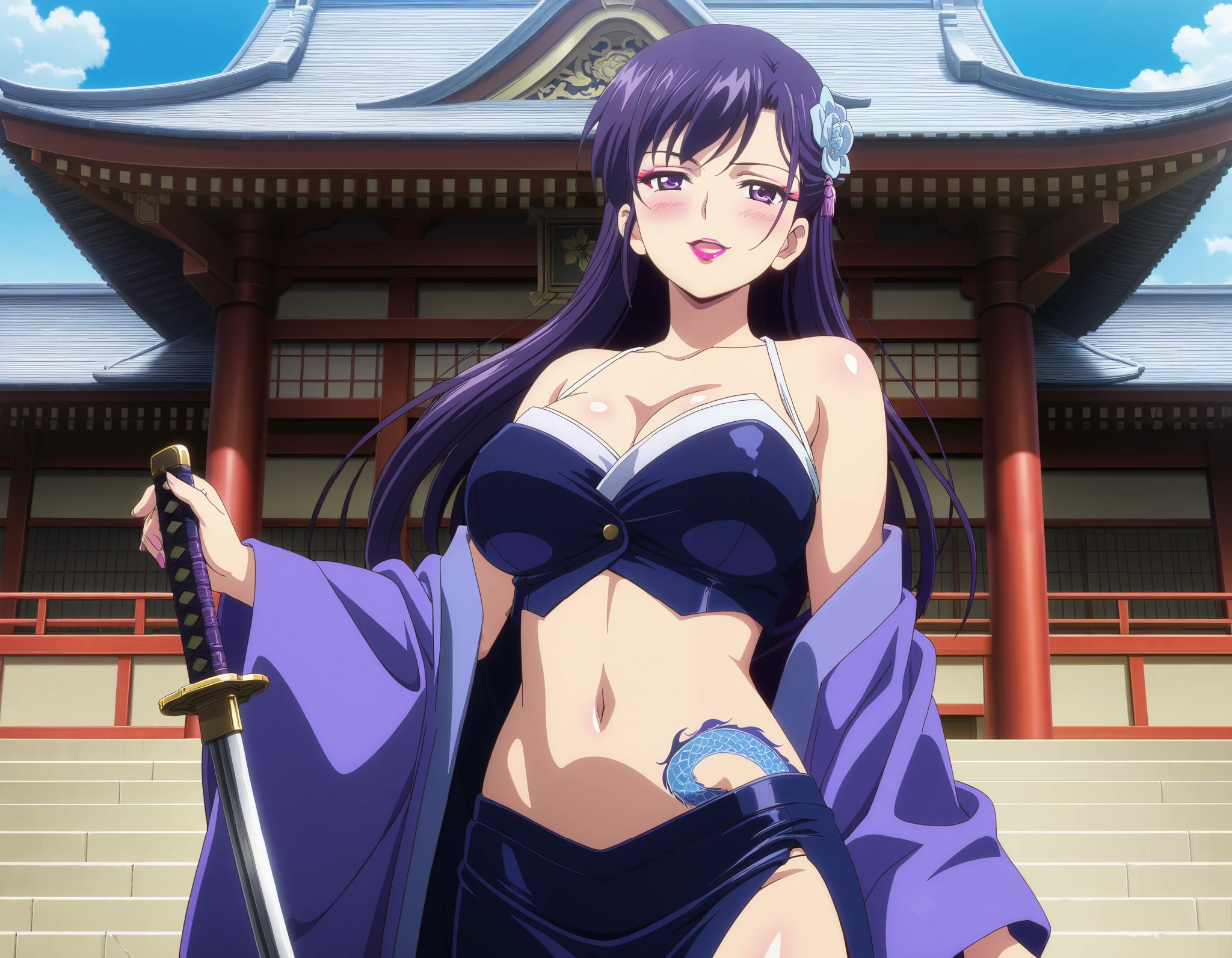 score_9, score_8_up, score_7_up, source_anime, anime screenshot,,in a palace,
1girl, solo, Purple hair, purple eyes, bangs, long hair, large breasts, makeup, lipstick, blush, lipstick,Hot girl, baddie, bad attitude, mean girl,, sensual, attractive, masterpiece, best quality, highly detailed, a anime girl in kimono dress ,holding sword, bare shoulder,open kimono, evil smile, open mouth, crop top , (nsfw) not safe for work, smile, ecchi anime style, anime girls, ecchi style, ecchi, digital anime art!!, in anime style, official artwork, visual novel cg, beautiful anime girl, anime style 4 k, kimono pencil skirt, exposed belly, exposed navel, exposed midriff, exposed lower belly, outdoor, japanese architecture, temple, dragon tattoo, tattoo on body, tattoo midriff, tattoo, shiny skin,one hand touch bellybutton