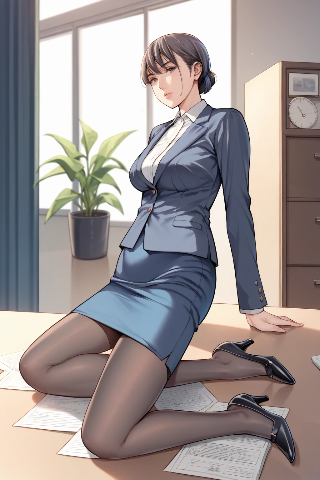  1 girl, solo,Adult female, mature woman,OL,Married Woman, black hair, very short hair ,bangs,Ear-exposing hairstyle, brown eyes,  slender body,clavicle, smaller breasts,navy blue formal stripe blazer,  White Cutter Shirt , Navy Blue Pencil Skirt , black garter stockings, black heels ,background simple office 