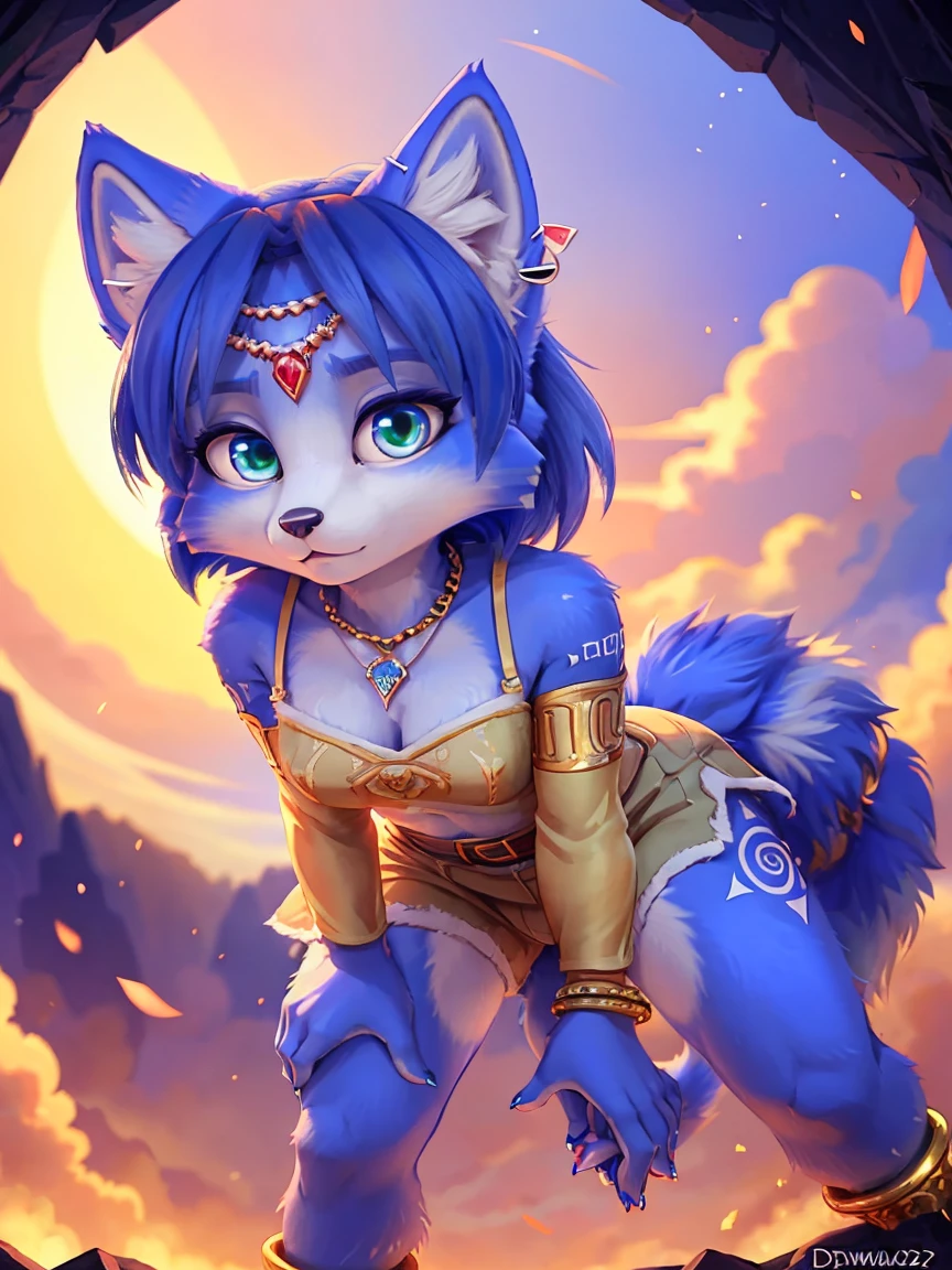 A beautiful and detailed (sweet portrait) von ((Krystal)), Sternenfuchs Krystal, Schlank, liebenswert, green eyes, medium breasts, (((Lange blaue Haare 1.3))), ((schwarze haarspitzen)), Dekollete, Grinsen, hoch schauen,, anthro, Pelzig, Hochgeladen E621, detailed flauschige fur, (von Fluff-Kevlar, Bayard Wu, Personalami, Pino Daeni), detailliertes Gesicht, (flauschige), 1 girl, Allein, Stammes-Kleidung, sweet girl,