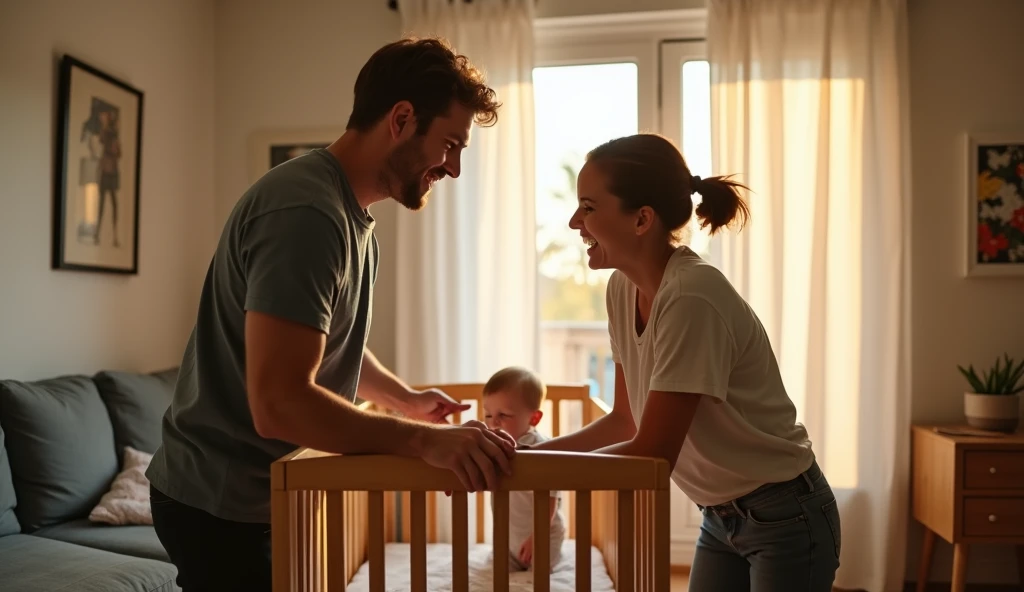 Image of the toddler holding the bars of a cradle looking at its parents happily
Also show the parents in One Frame with this child