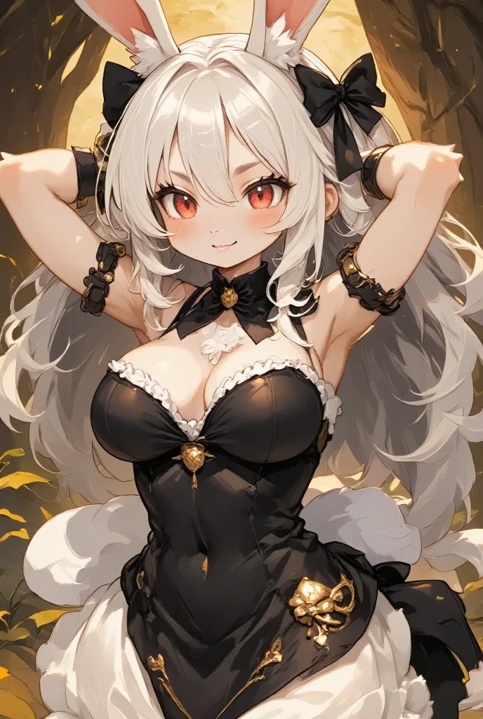 1girl, (furry, kemono:1.3), rabbit girl, rabbit ears, rabbit tail,breasts, blonde hair, blue eyes, long hair, wings, cleavage, large breasts, armpits, bare shoulders, insect wings, butterfly wings, hair between eyes, dress, sleeveless, sleeveless dress, bracelet, hair ornament, black dress, side slit, looking at viewer, arms up, bug, butterfly, solo, bare arms, cowboy shot, yellow theme, smile, jewelry, closed mouth