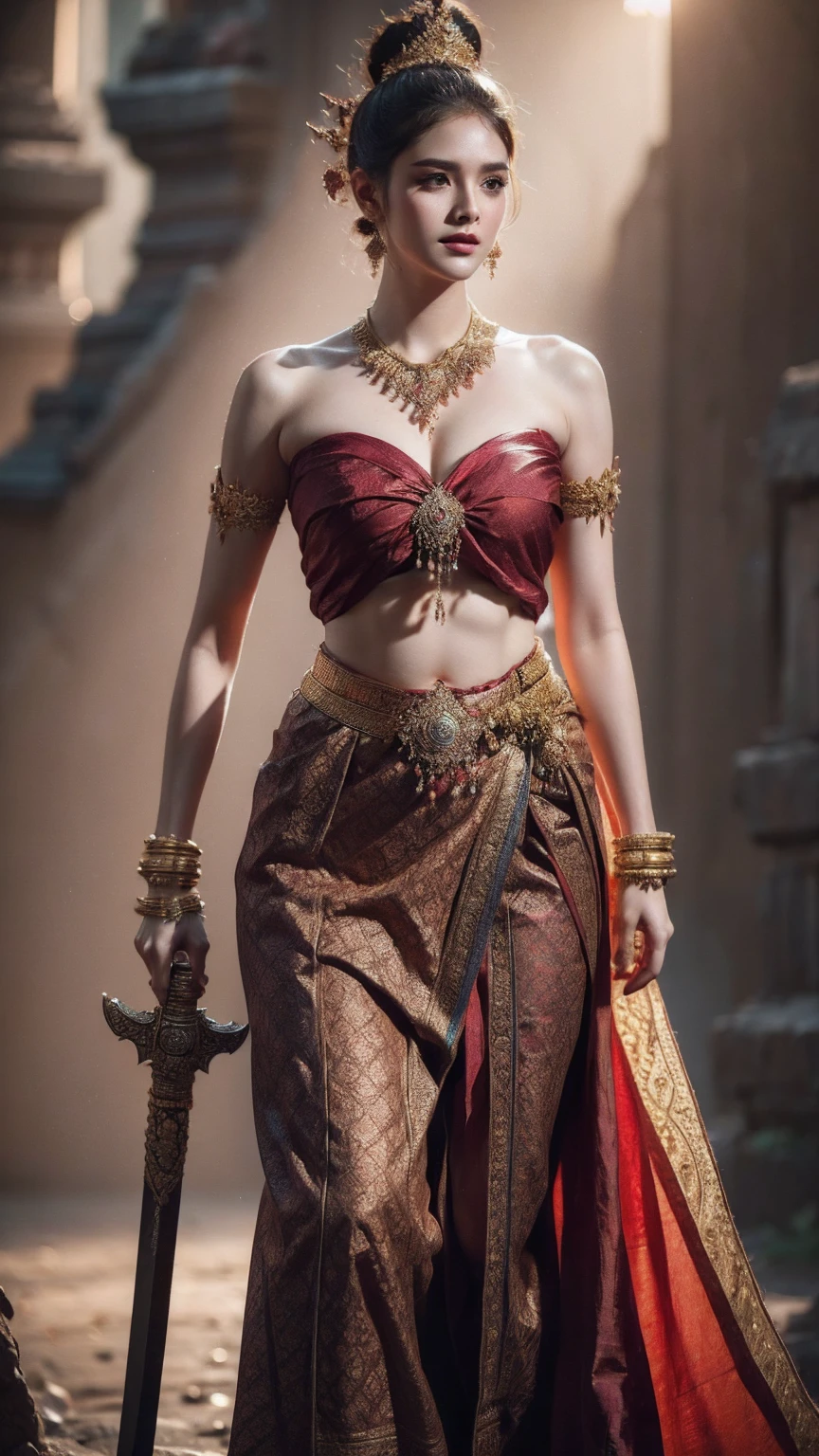 Create a sword-wielding girl warrior in 4K with plump shapes with graceful concave curves from head to toe. (Haircut1 .2)  He is adorned with ancient Thai jewelry, including necklaces, bracelets, belts. He wears a single cloth  (Fluke set - tube top) (Dark Red Dress )Beautifully adorned with rich colors and intricate patterns ( Long Sword Handle1.2)  face. Smooth belly. The background should reflect his sacred and powerful nature, with a soft light around him and a backdrop that complements his traditional outfit.