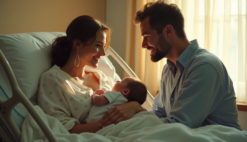 Create a realistic photo of a white straight couple having new born black baby in hospital bed.