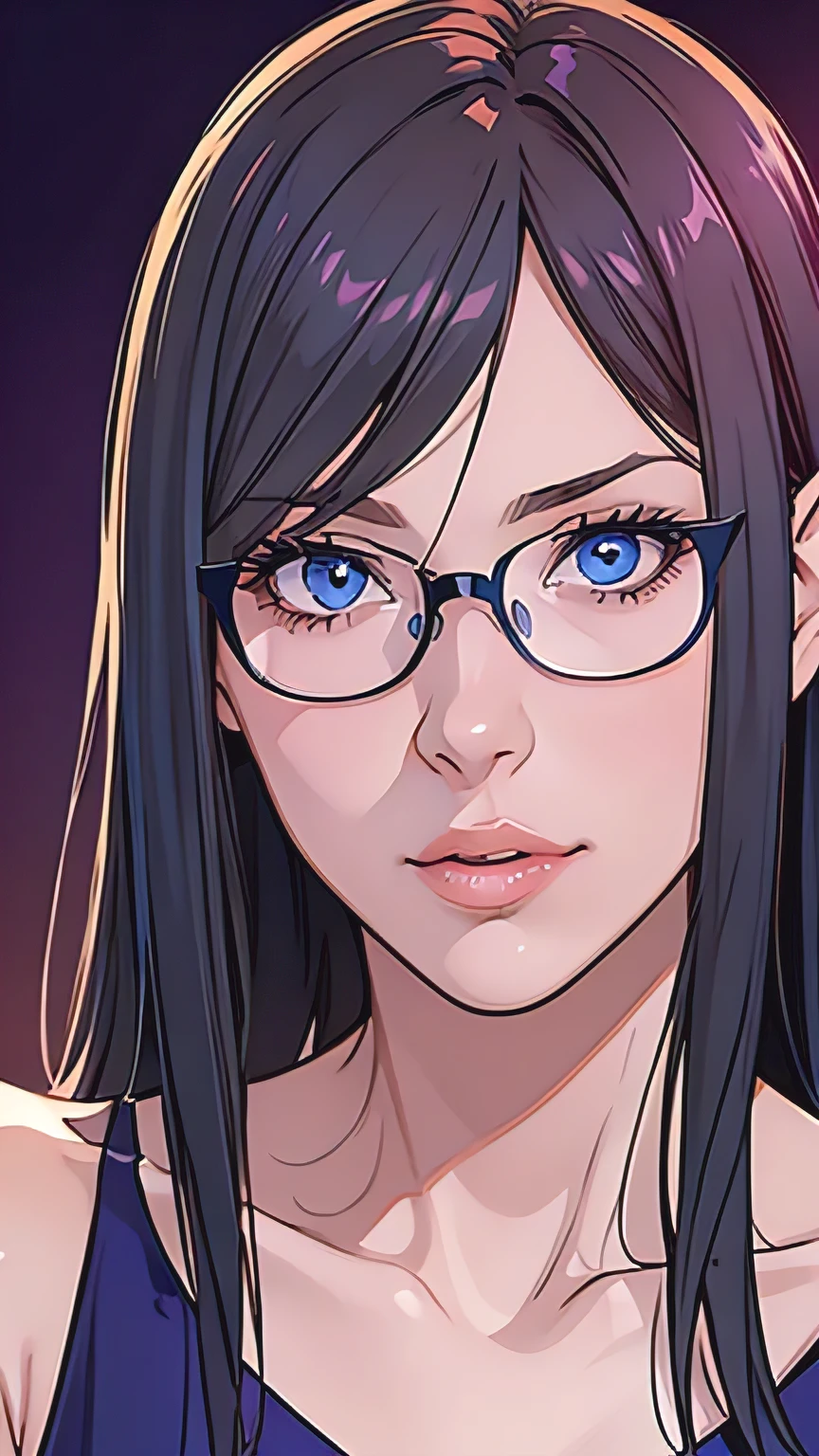 {8k image}, 1beautiful mature woman, 35 years old, pointed nose, fleshy lips, triangular face, big hair with bangs (wine), blue eyes, {looking directly at the viewer}, {facing forward}, {perfect anatomy}, {image focused only on the face}, {face portrait}, purple background, glasses