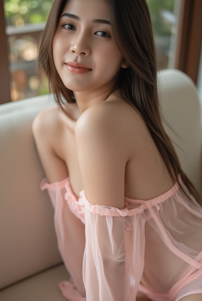 Asian female, original photography, masterpiece, 8k, upper chuppy body, transparent nightgown, open nightgown, thin pink silk, tempting pose, seductive smirk, mischievous. Lying on the sofa.