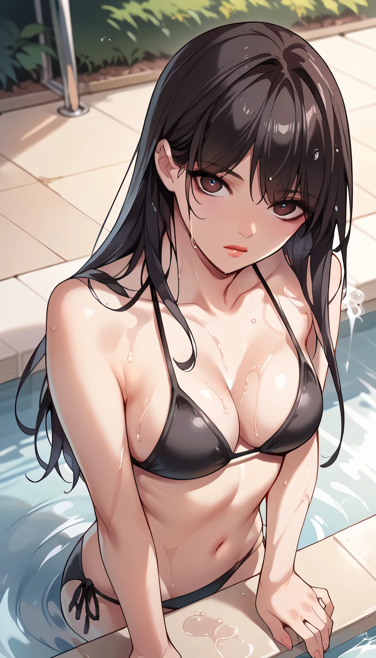 score_8_above, score_7_above, score_9, 1 , Alone, ,  long hair,  black hair,  black eyes,Black bikini, medium breasts, Coming out of the wet pool,  looking at the spectator ,low angel view, ( facing the viewer ),  outdoor, In the afternoon , picina,Expressiveh, Best quality