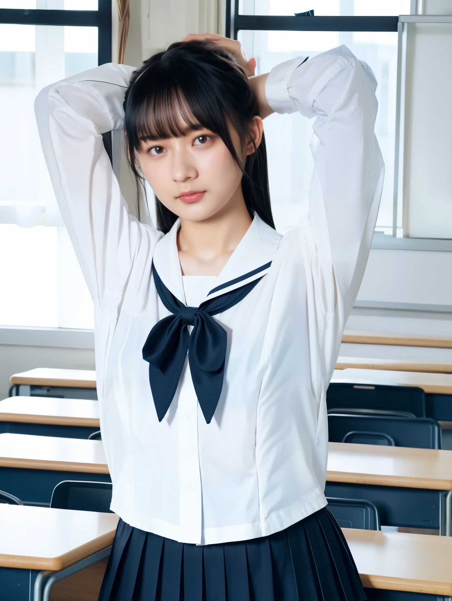  top quality, super high resolution, high school girl with visible armpits,1 person,whole body, black hair, Cool Look, staring at the camera , beautiful skin ,  long-sleeved white shirt,ribbon,  small breasts,  Navy Pleated Skirt, After School Classroom, standing