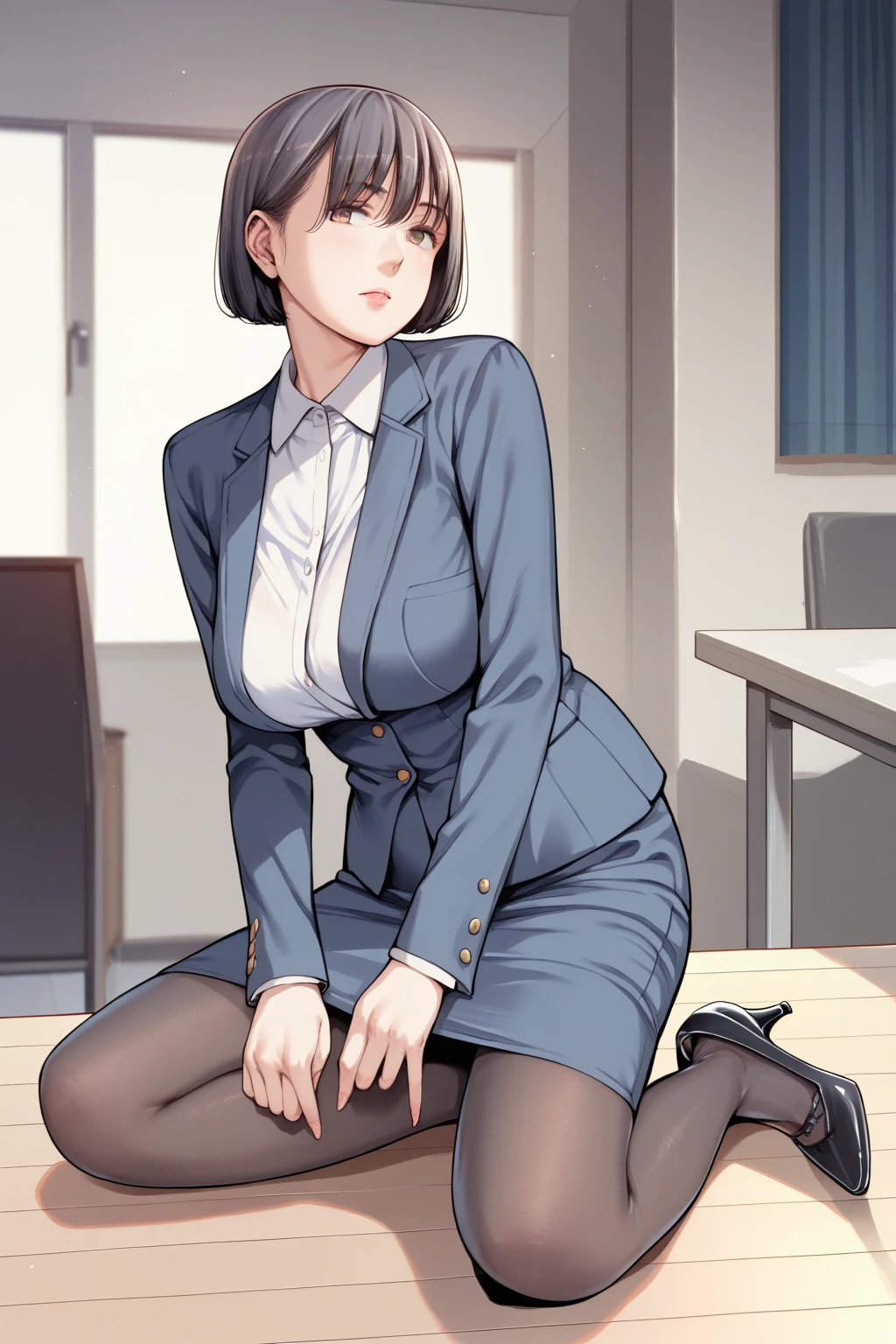  1 girl, solo,Adult female, mature woman,OL,Married Woman, black hair, very short hair ,bangs,Ear-exposing hairstyle, brown eyes,  slender body,clavicle, smaller breasts, Navy Blue Formal Stripe Blazer,  White Cutter Shirt , Navy Blue Pencil Skirt , black garter stockings, black heels , background simple office ,Cleaned Floors ,