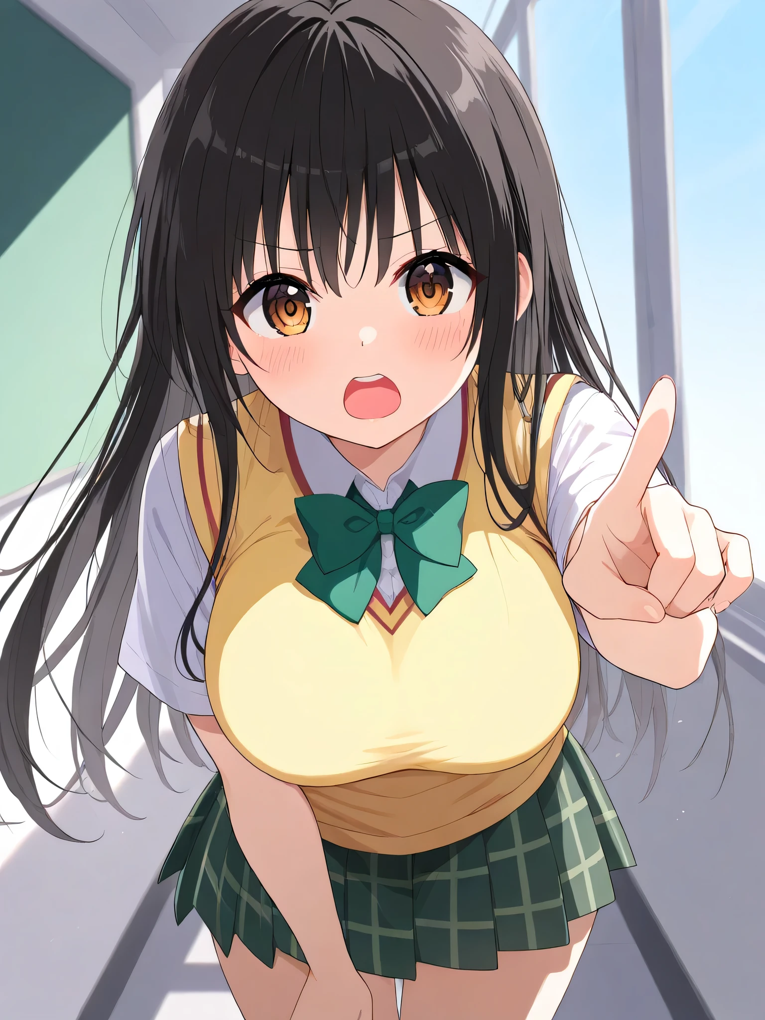 1girl ,black hair ,blush ,bow ,bowtie ,breasts ,brown eyes ,green bow ,green bowtie ,green skirt ,large breasts ,long hair ,looking at viewer ,open mouth ,plaid clothes ,plaid skirt ,pointing ,pointing at viewer ,school uniform ,shirt ,short sleeves ,skirt ,solo ,sweater vest ,teeth ,upper teeth only ,white shirt ,yellow sweater vest