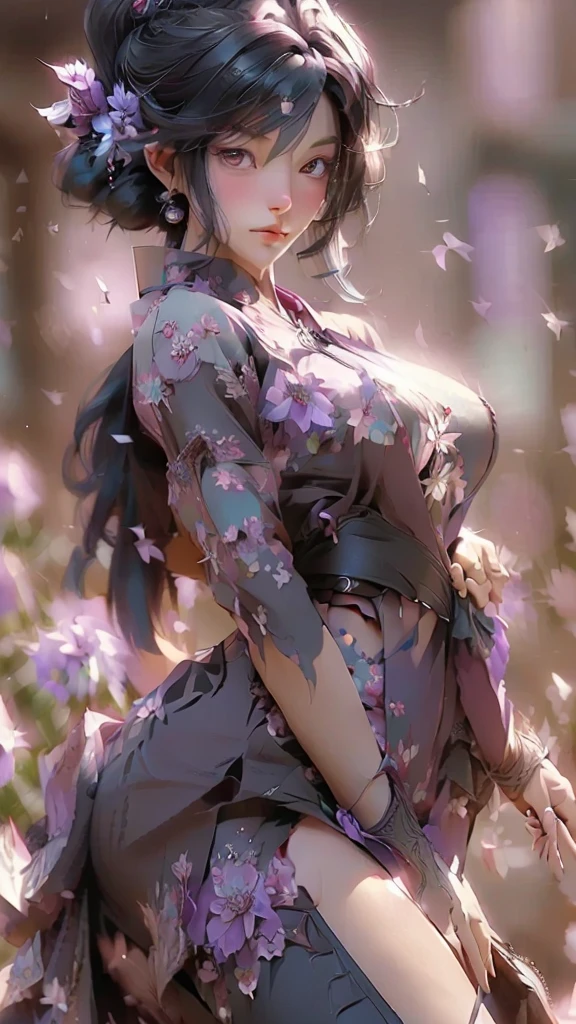 ((((Very nice smile))))、((Direct your gaze this way))、1 girl,NsfW,(one peace wanokuni edition)、((ponytail、Red ribbon on the tie)) 、((they say olobi))、((A very sexy mini kimono dress with a large slit、(((Kimono obi)))、(((The white kimono is decorated with purple iris flowers)))、((Wearing a black haori with a red lining)),(()Exposed underboob:1.2)), White costume,((Short costume)),nico robin,(ONEPIECE),((Huge breasts 1.2)), clavicle, Glowing purple eyes,absurdists, brainwashing,Hollow Eyes, ((Expressionless, Emotional removal)),avert your eyes , Full body portrait, Outdoor, (highest quality、4K、8K、High resolution、Must have:1.2)、Very detailed、(reality、It is realistic.、Realistic:1.3)、ticker、hyper HD、Studio Lighting、Ultra High Definition Paint、Sharp focus、Physically Based Rendering、Extreme Detail、Professional specifications、Vibrancy and color、Blurred、Sports portrait、landscape、Horror Style、Anime Big Tits、sf、photograph、Concept Artist、Five Fingers, Perfect body, {{{masterpiece}}}, {{{highest quality}}}, {{Very detailed}}, {shape}, {{Very delicate and beautiful}},Improved cost performance、all roles、Canon 5D MK4でphotograph、photograph, ((((The back is surrounded by many flowers on the vast grassland、She is centered in the frontal shot、Surrounded by flowers that cover the background、they are、Illuminated by a dazzling light、Heavenly Sunshine))))、(((bright、flower、Tropical flower、Flower, not grass、Surrounded by majestic flower fields、The flower's height exceeds that of the person himself、Bright afternoon)))