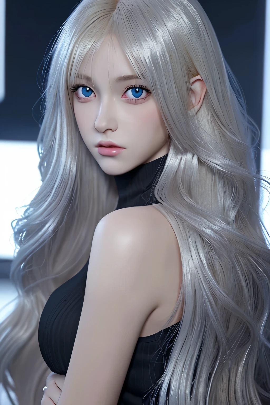 Blond Long Haired Woman , Wearing Black Top and Silver Cuffs, digital art, digital art, Smooth animated CG artwork ,  8K HD Detail Art ,  long hair anime girl ,  with long hair and bright eyes ,   realistic anime girl rendered ,  smooth skin  ,  Beautiful Attractive Anime Women 