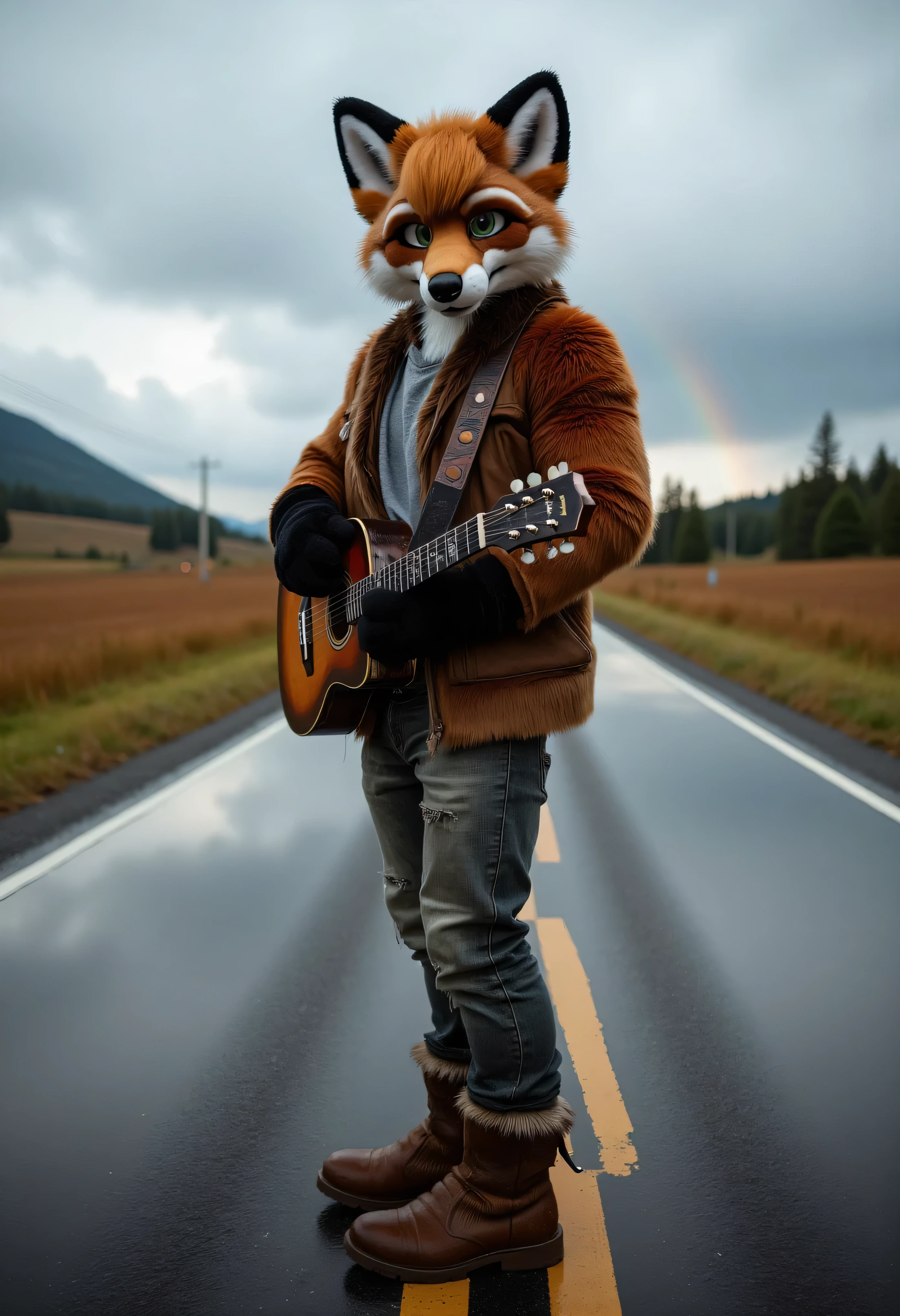 "Anthropomorphic fox male, muscular and adult, with sleek golden-red fur, piercing green eyes, and a reflective expression. He’s dressed in a simple, rugged outfit: a gray henley shirt under a brown leather jacket, faded jeans, and weathered boots. He’s standing in the rain, his fur soaked and water dripping from his whiskers, holding a guitar close to his chest as if seeking solace in its presence.  

Background: a lonely countryside road with puddles reflecting the gray, overcast sky. In the distance, a rainbow faintly arches across the horizon, adding a glimmer of hope to the somber scene. The atmosphere is melancholic yet beautiful, perfectly embodying the bittersweet tone of Creedence Clearwater Revival’s ‘Have You Ever Seen the Rain.’  

Style: hyperrealistic 3D, cinematic realism, rendered in Ultra HD 8K. The fox’s soaked fur, the texture of his jacket, and the raindrops on his guitar are captured with breathtaking detail, creating a vivid and emotional composition."