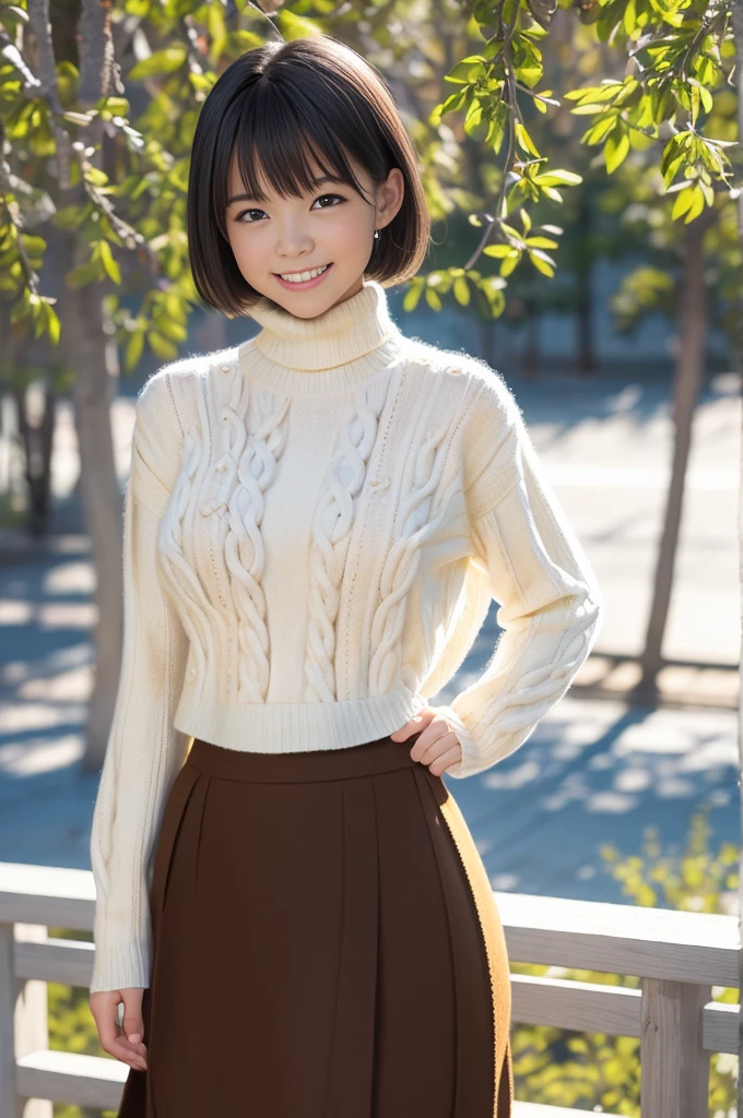 (8k, RAW photo, photorealistic, HQ, masterpiece), (whole body, full body), a cute Japanese girl,(glowing eyes), 
(shy smile), brown hair, fluffy Pixie Bob hair, large breasts, curvy, Thin waist, thick thighs, (long skirt over Baggy wool sweater:1.4), 
standing pose, Seductive pose, (Early winter nature park), 
blurred background, depth of field, natural lighting, backlighting, face lightning, 