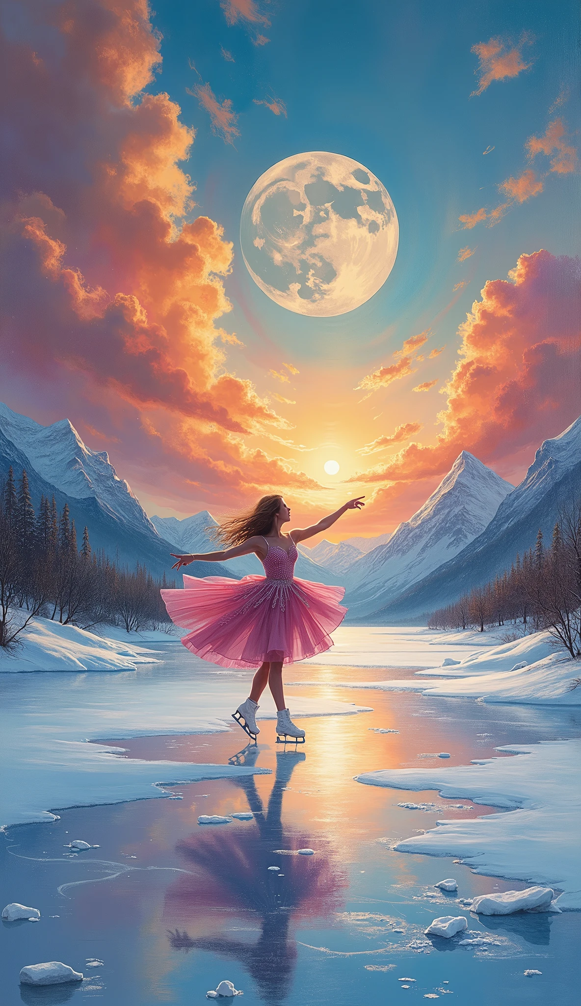 well-defined oil painting with brushstrokes winter landscape.  general plan ,  full body :1.3, Frozen lake,  Ice Skater,  ice skates ,  does a pirouette raise one leg dancing on the ice,  big rainbow clouds , sunset, Spectacular landscape, reincarnation ,  polar regions , phoenix,  large full moon, charged angel 