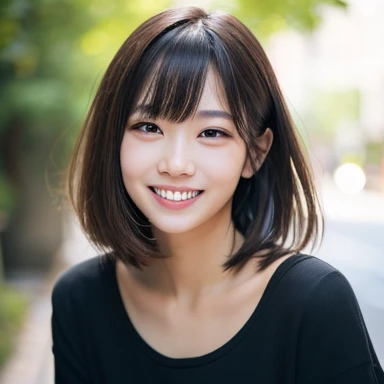 masterpiece,best quality,(Japanese ),((Beautiful girl)),cleavage,(perfect body beauty:1.2),(shy smile),beautiful teeth,(Blurred background of brick buildings),