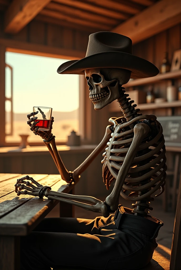 Skeleton cat with a bottle of whiskey ,cowboy boots and cowboy hat.