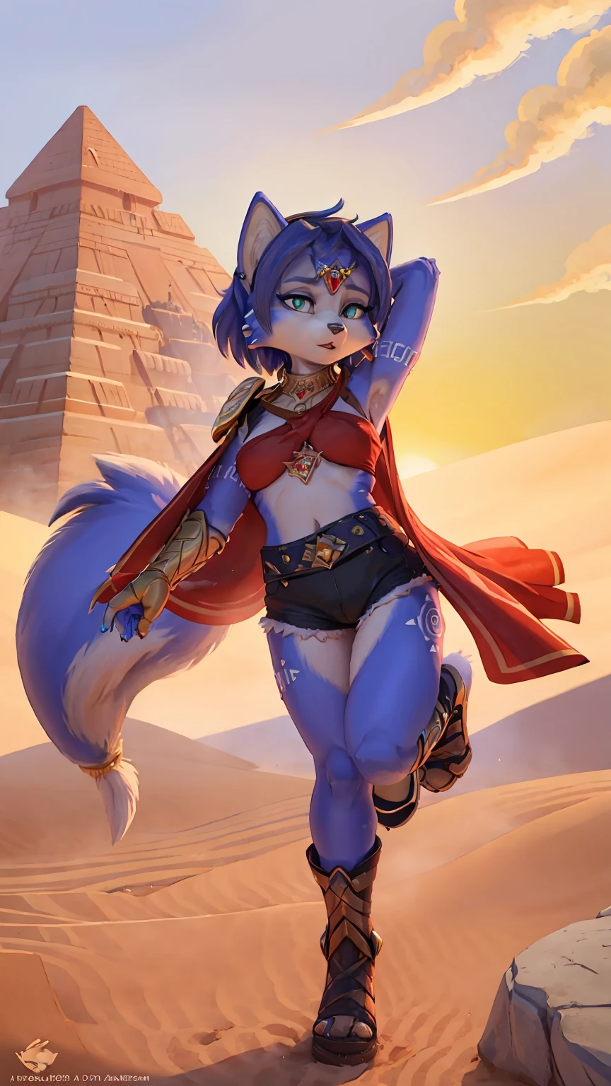 ((krystal)), Star Fox-Krystal, lovable, green eyes, ((( Long blue hair 1 .3))), Decollete, anthro, Fuzzy,  detailed Fluffys fell,  detailed face , (Fluffy),  1 girl, black and red top , black shorts,  long black gloves ,  many belts on her leg ,  red stripes cape on her back, desert in the background, pyramids , Sandsturm,  dynamic pose 