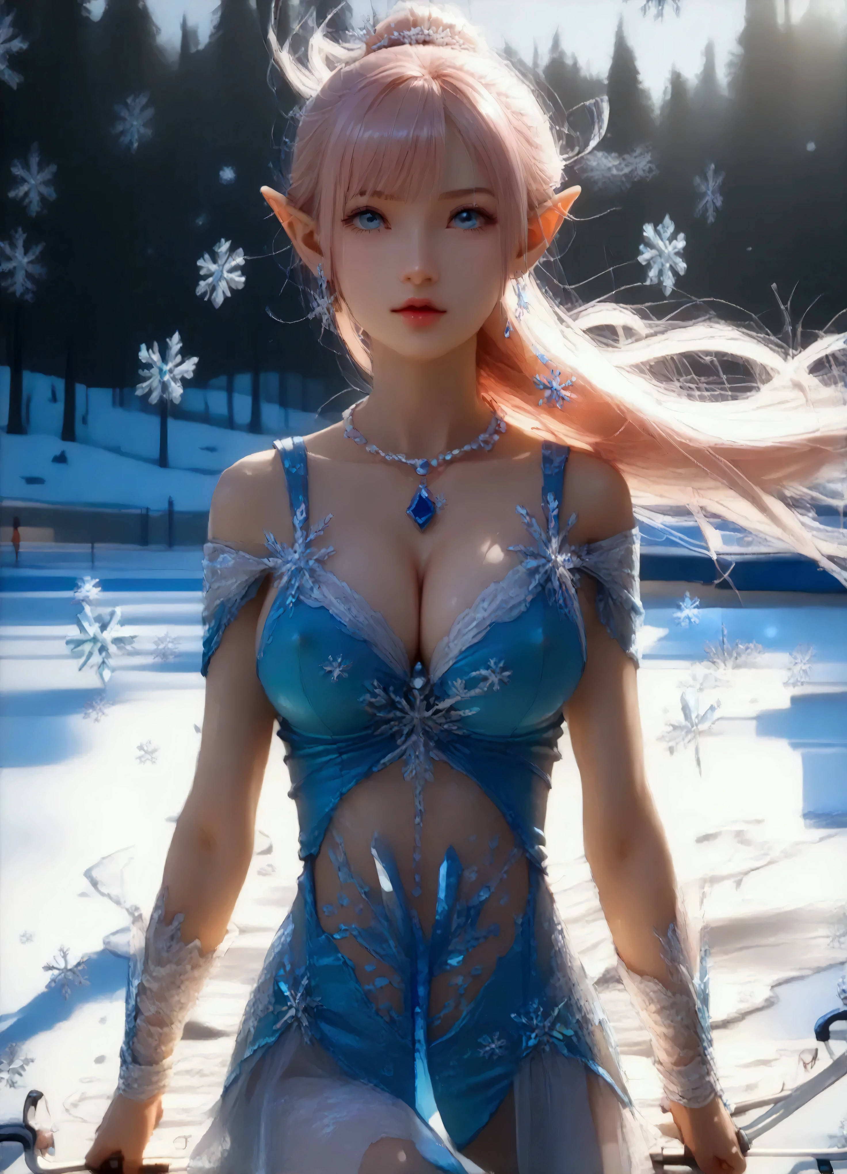 The best piece,Artistically beautiful,Lightning,Final Fantasy 13,FF1 pink blonde,Medium Hair,Light permed hair,Curly hair on one side,Letting down your bangs,A beautiful Blue eyes,beautiful and high nose,santa costume,Santa's Hat,christmas armor,Santa Claus's coat,Use blizzard magic,Photorealsitic,An ultra-high picture quality,hightquality,​masterpiece,Digital SLR,Detailed details,Intricate details,Based on anatomical grounds,Depicted in detail,Detailed face,realistic skin textures,Vivid details,perfect anatomia,perfect anatomia,Anatomically correct hand,Anatomically correct fingers,Super Detail,Complex 3D Rendering,Colossal tits(hiding breast),sexy  pose,bright red claws,beautiful christmas,final fantasy cityscape,Fantasy worldview,Gorgeous Christmas Tree,white Christmas,neon color,Beautiful cityscape,mysterious snow scene,It's snowing,,Picturesque beauty,Photograph the whole body,9 head body,Red Lip,Beautiful curly hair,Luxurious necklace,emphasize the beautiful whole body,Beautiful nails,A smile,