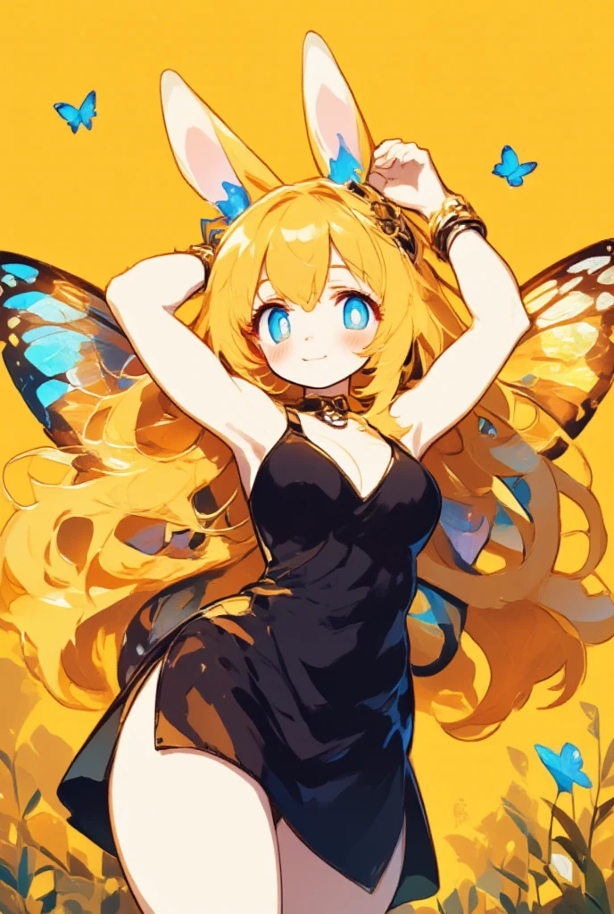 1girl, (furry, kemono:1.3), anime style, rabbit girl, rabbit ears, rabbit tail,breasts, blonde hair, blue eyes, long hair, wings, cleavage, large breasts, armpits, bare shoulders, insect wings, butterfly wings, hair between eyes, dress, sleeveless, sleeveless dress, bracelet, hair ornament, black dress, side slit, looking at viewer, arms up, bug, butterfly, solo, bare arms, cowboy shot, yellow theme, smile, jewelry, closed mouth