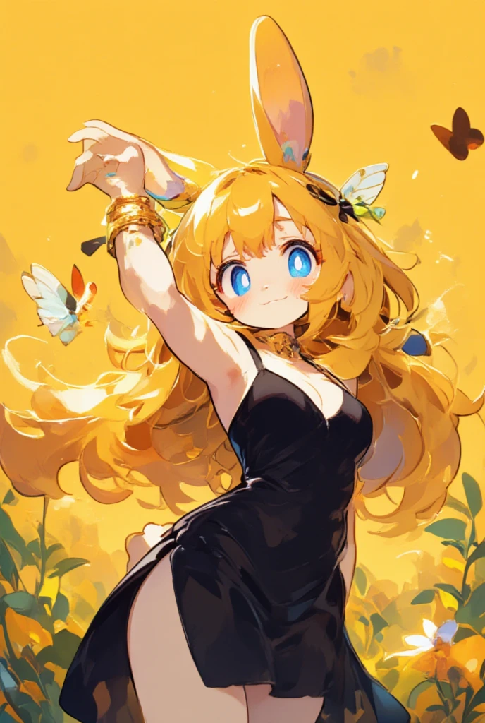 1girl, (furry, kemono:1.3), anime style, rabbit girl, rabbit ears, rabbit tail,breasts, blonde hair, blue eyes, long hair, wings, cleavage, large breasts, armpits, bare shoulders, insect wings, butterfly wings, hair between eyes, dress, sleeveless, sleeveless dress, bracelet, hair ornament, black dress, side slit, looking at viewer, arms up, bug, butterfly, solo, bare arms, cowboy shot, yellow theme, smile, jewelry, closed mouth