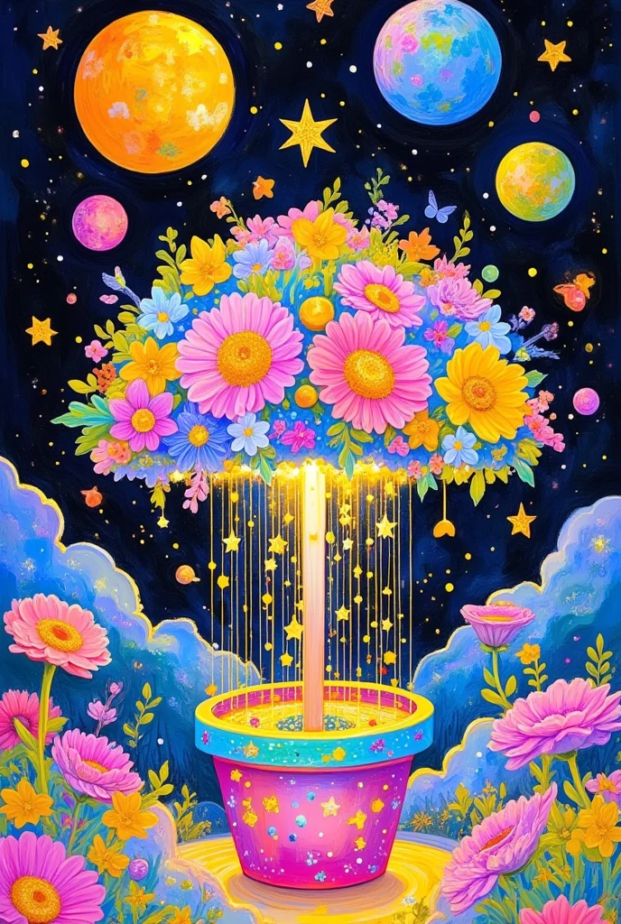  artist from the stars ，Psychedelic Art，Pointillism， colorful black ，There is a painting，  There is a fairy in the flower pot in the painting, Wonderful fantasy landscape art ,  a beautiful art illustration , 异想天开的 surrealism ,  Color illustrations , very surreal garden, 神奇的 surrealism ,  Lush Garden Spaceship , Shin Jin Hye Art, bloom. High Fantasy, author：Todd Wu , Friendly  ， wenjunlin,  surrealism ,  Fantastic Coronavirus Painting 