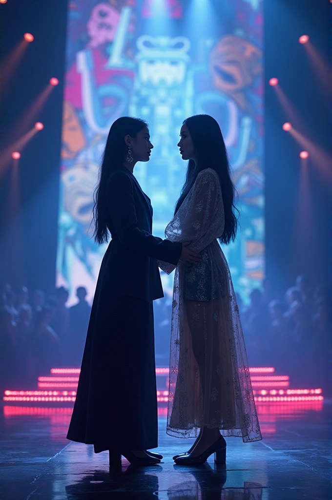 photo of 2girls in a goth club, beautiful faces, long medieval ballroom dress latex, the light , InToThe2KGothClub, ultra-high heels, epic