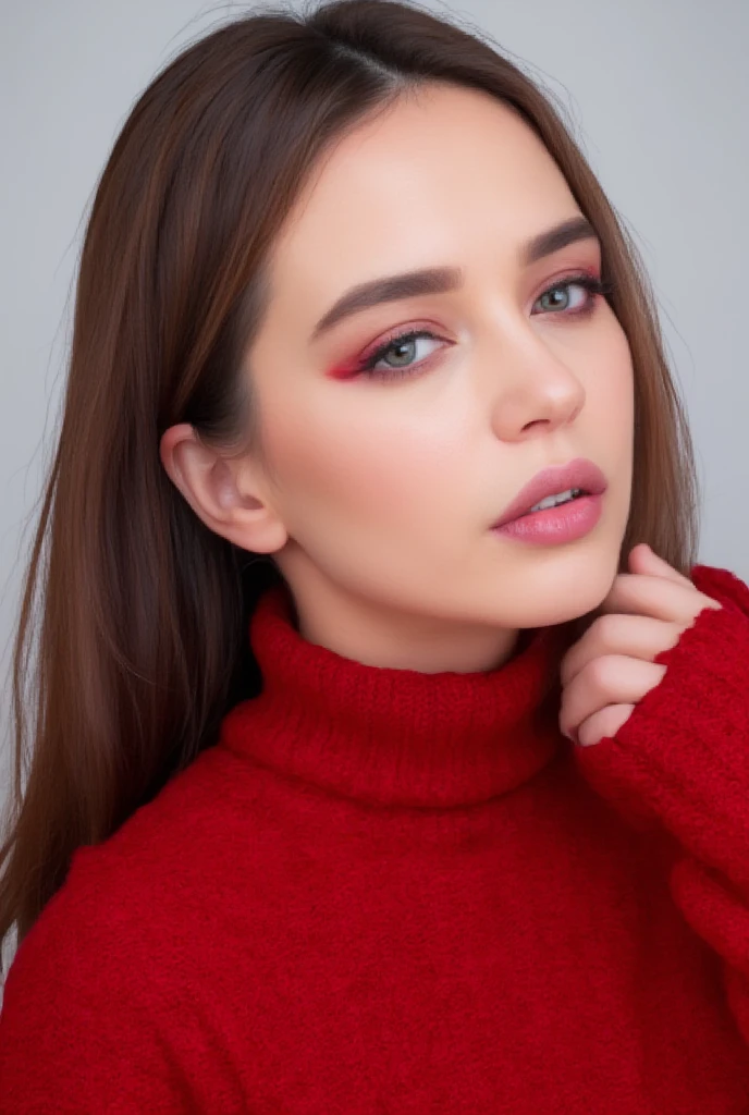 A high end beauty shot of a model with red eye liner and subtle blush. Close up photo with a clean background. HD quality with skin details visible. Beautiful overhead beauty light lit with huge beauty dish. She is wearing a red oversized knit wear and has her hair styiled in a sleek manner.