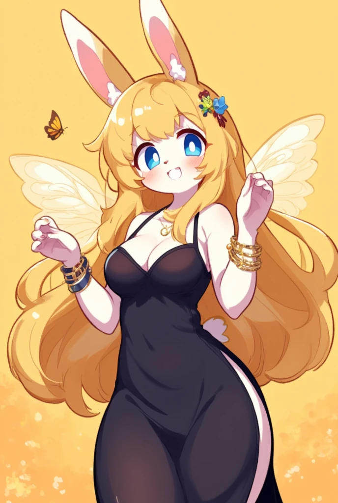 1girl, (furry, kemono:1.3), anime style, rabbit girl, rabbit ears, rabbit tail,breasts, blonde hair, blue eyes, long hair, wings, cleavage, large breasts, armpits, bare shoulders, insect wings, butterfly wings, hair between eyes, dress, sleeveless, sleeveless dress, bracelet, hair ornament, black dress, side slit, looking at viewer, arms up, bug, butterfly, solo, bare arms, cowboy shot, yellow theme, smile, jewelry, closed mouth