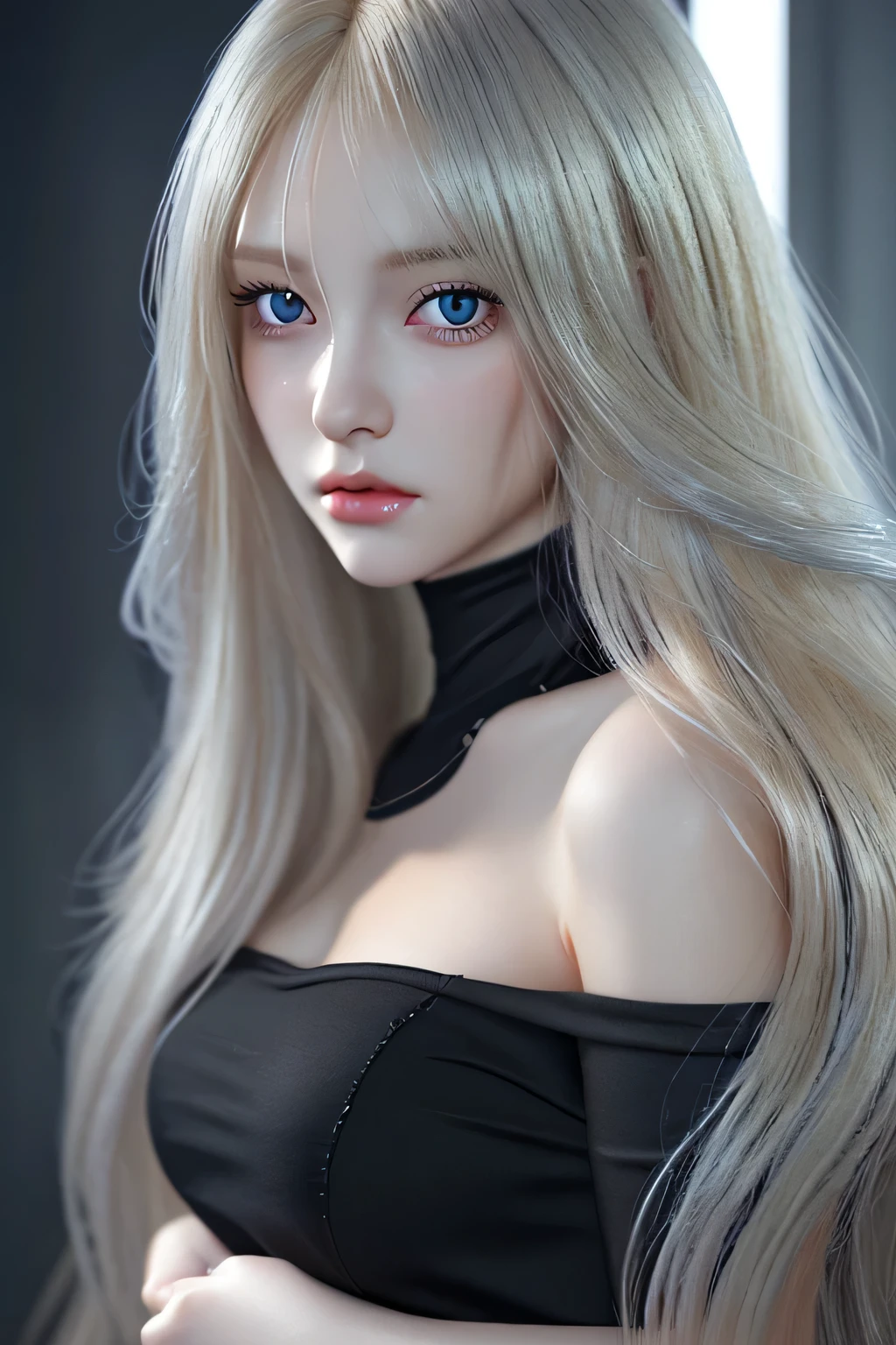 Blond Long Haired Woman , Wearing Black Top and Silver Cuffs, digital art, digital art, Smooth animated CG artwork ,  8K HD Detail Art ,  long hair anime girl ,  with long hair and bright eyes ,   realistic anime girl rendered ,  smooth skin  ,  Beautiful Attractive Anime Women 