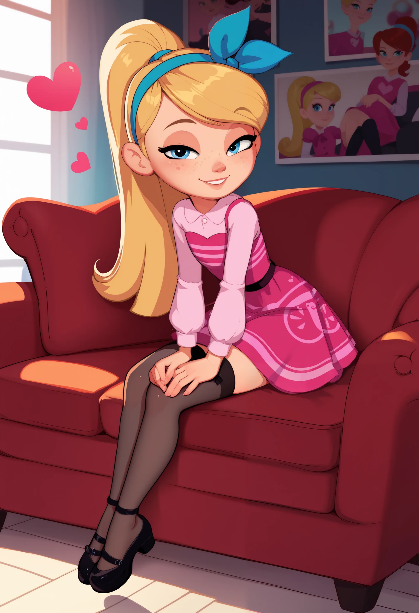 1girl, full body, solo, young girl, 9- year old, penny peterson, long hair, blue eyes, freckles, blonde hair, skirt, hairband, cyan ribbon, ponytail, black sexy stockings, sexy ankles, flirty hips, dress, pink dress, long sleeves, score_9, score_8_up, score_7_up, score_6_up, score_5_up, sitting, sofa, leaning forward, indoors, smile, cute smile, heart-warming, looking at viewer, soft lighting, flirty, half-closed eyes, attempts to resist sexual desire, sexual harassment, sexual molestation
