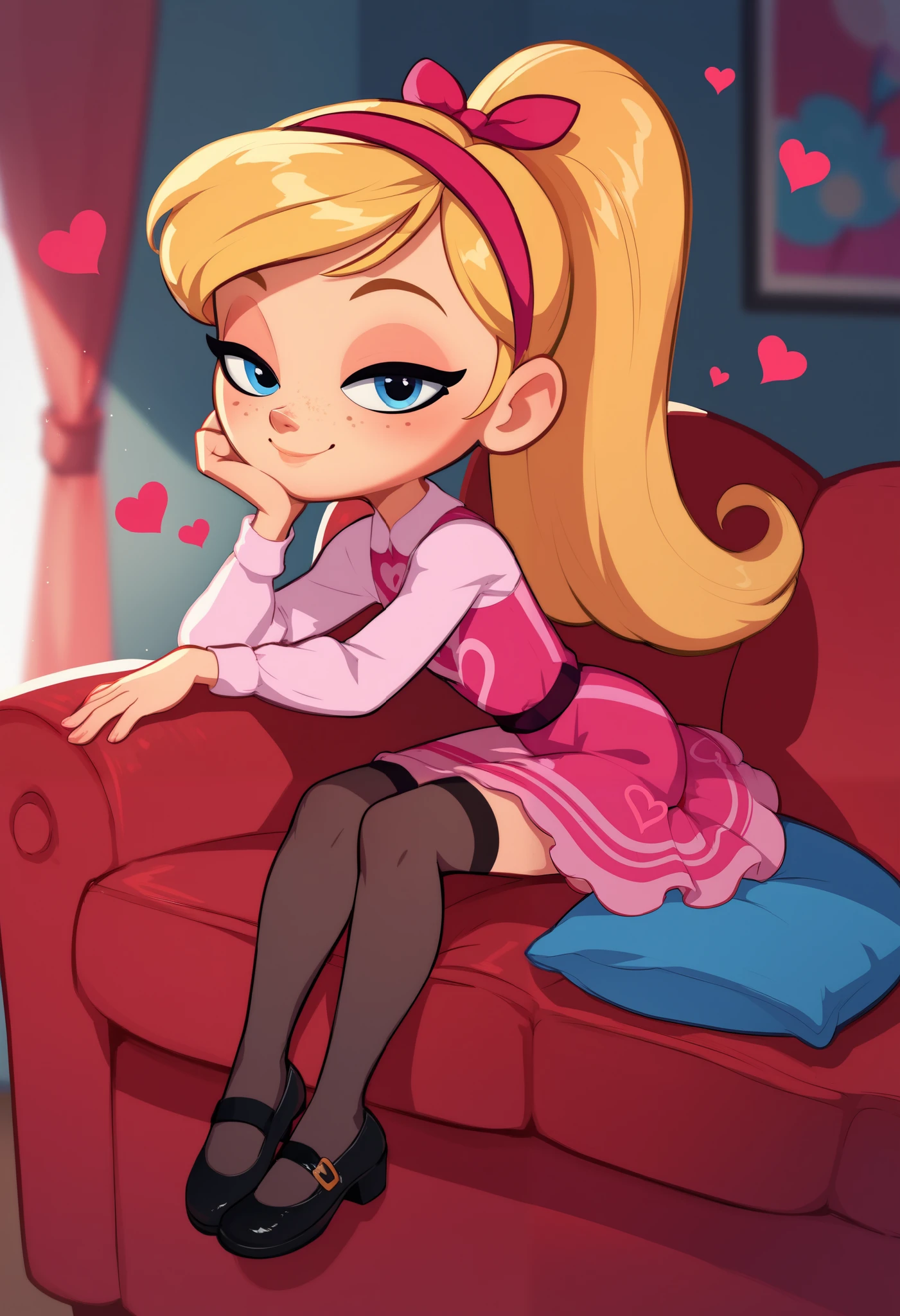 1girl, full body, solo, young girl, 9- year old, penny peterson, long hair, blue eyes, freckles, blonde hair, skirt, hairband, cyan ribbon, ponytail, black sexy stockings, sexy ankles, flirty hips, dress, pink dress, long sleeves, score_9, score_8_up, score_7_up, score_6_up, score_5_up, sitting, sofa, leaning forward, indoors, smile, cute smile, heart-warming, looking at viewer, soft lighting, flirty, half-closed eyes, attempts to resist sexual desire, sexual harassment, sexual molestation
