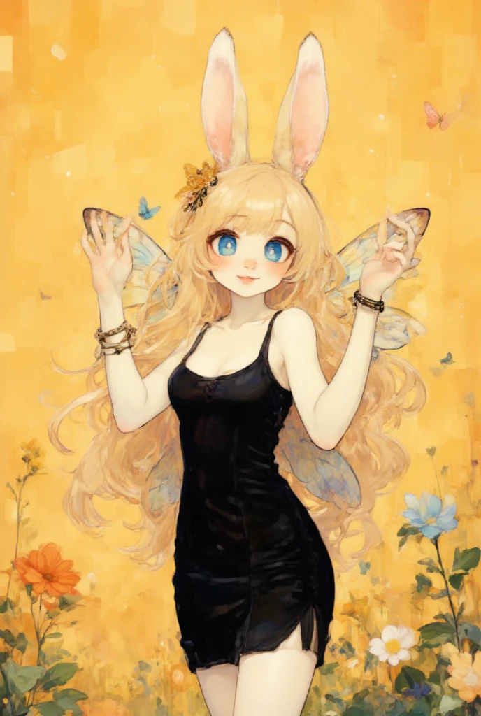 1girl, (furry, kemono:1.3), anime style, rabbit girl, rabbit ears, rabbit tail,breasts, blonde hair, blue eyes, long hair, wings, cleavage, large breasts, armpits, bare shoulders, insect wings, butterfly wings, hair between eyes, dress, sleeveless, sleeveless dress, bracelet, hair ornament, black dress, side slit, looking at viewer, arms up, bug, butterfly, solo, bare arms, cowboy shot, yellow theme, smile, jewelry, closed mouth