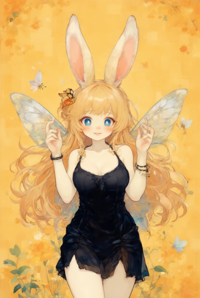 1girl, (furry, kemono:1.3), anime style, rabbit girl, rabbit ears, rabbit tail,breasts, blonde hair, blue eyes, long hair, wings, cleavage, large breasts, armpits, bare shoulders, insect wings, butterfly wings, hair between eyes, dress, sleeveless, sleeveless dress, bracelet, hair ornament, black dress, side slit, looking at viewer, arms up, bug, butterfly, solo, bare arms, cowboy shot, yellow theme, smile, jewelry, closed mouth