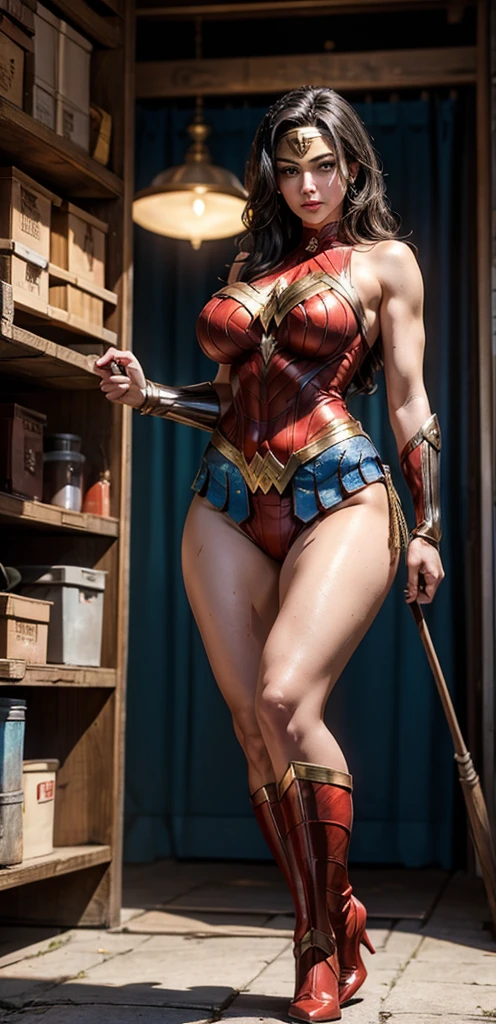 ((full body shot, standing, feet on the ground)) Wonder Woman, masterpiece, best quality, highly detailed, score_9, score_8_up, score_7_up, score_6_up, anime font,BREAK, 1girl, solo, bikini, long hair , blue eyes, hair bow, breasts, bow, lying on the floor, looking at the viewer, freckles, parted lips, watermark, smile, full body, red lips, lips, ((leather ballet slipper:1 ,6)), inside a prison cell, tied with natural rope, feet together, knees together, elbows together, feet connected to shoulders, side shot. She looks at you, your gauze hurts, fishnets
