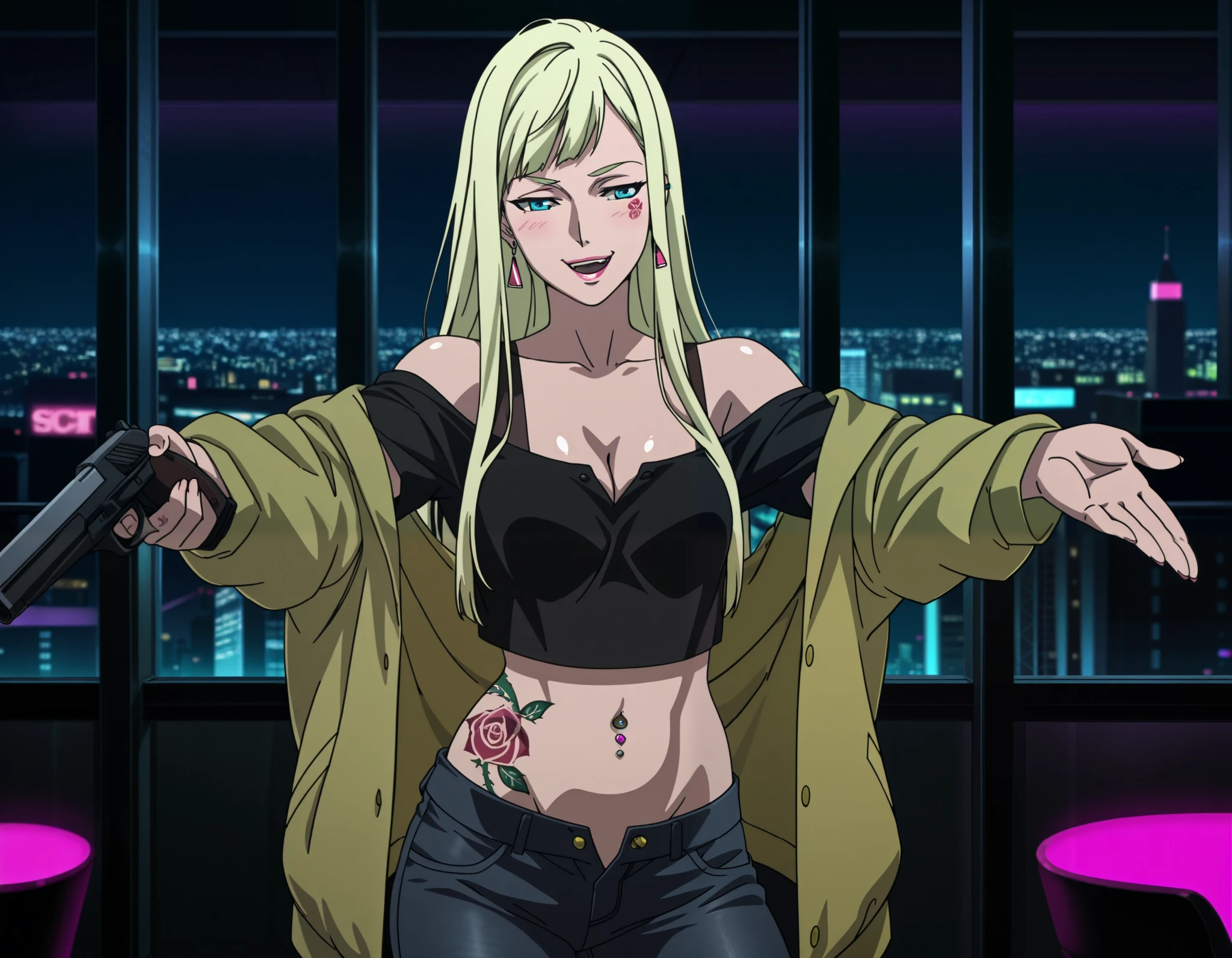 1girl,solo,Andalucia,blonde hair,long hair,blue eyes,earrings,anime coloring,
ear piercing, long hair, blush, lipstick,Hot girl, sensual, attractive,  indoors, bar background, inside bar, black shirt, collared shirt,quality,4k, bare shoulder,belly,crop top,holding pistol,cleavage, unbuttoned shirt,shirt, knot, indoor,smile, open mouth, (nsfw) not safe for work, evil expression, exposed belly, exposed navel, exposed midriff, exposed lower belly, ,jacket, unbuttoned jeans , low rise black jeans, Low rise jeans, Low rise jeans with open fly, cityscape, building, nightclub, city lights, navel piercing, dragon tattoo, tattoo on body, tattoo midriff, rose tattoo, shiny skin, open arms sideway, arms T-pose, smirk, standing, anime girl T posing