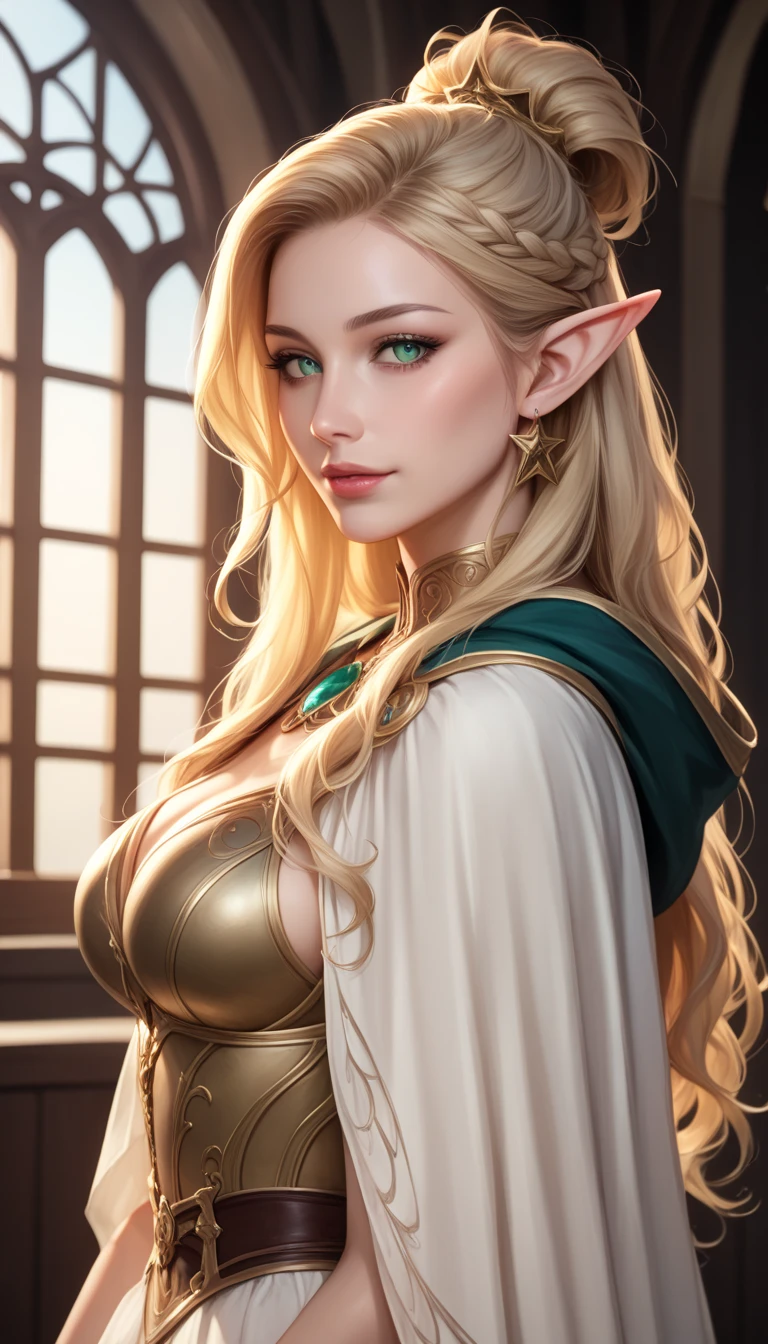 Blonde half-elf with green eyes and round glasses, make her a serious woman with white and gray battle robes that have things that resemble the moon