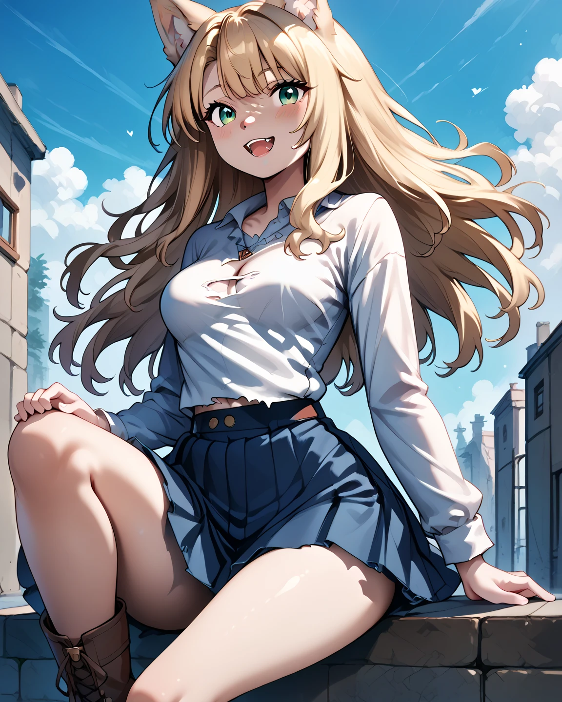 cute girl,blonde hair,wavy long hair,green eye,medium breasts,wolf girl,grey fur,wolf ears,twofurtone,grey wolf ears,grey wolf mouth,grey fur body,BREAK tranforming,long sleeve shirt,short brown fringe triangle_poncho, long brown knee skirt,long knee roper boots,torn cloth,anime