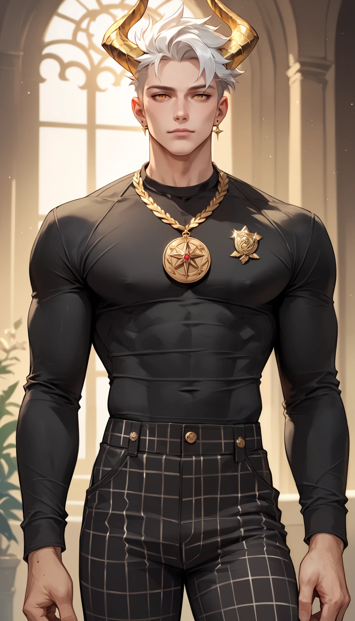 Izayoi Seishin artstyle, (score_9, score_8_up, score_7_up), (best quality, masterpiece),perfect anatomy,(aesthetic,very aesthetic),official style, (ultra-high resolution), 1boy, spiky white hair, golden horns, black sports jersey, black and white plaid trousers, gold medal necklace
