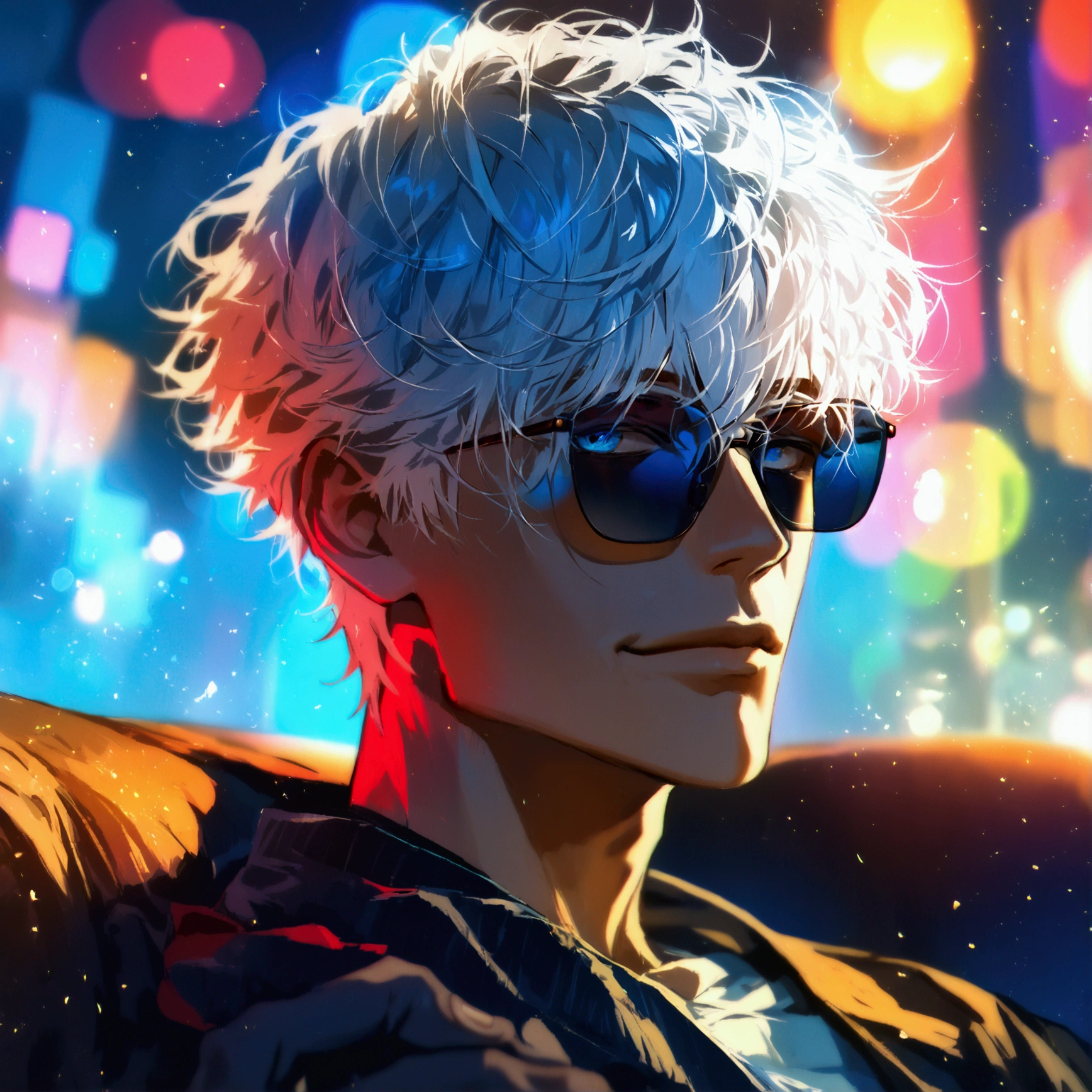 (solo), (1 male), (1 man), handsome men, (one man with white hair, blue eyes), short hair, messy hair, sunglasses,((masterpiece)), (dark background: 1.3), (stylish), dynamic angle, (detailed face, detailed eyes, proportional hands, proportional anatomy), sitting in a relaxed pose, sinister atmosphere, a nihilistic smile