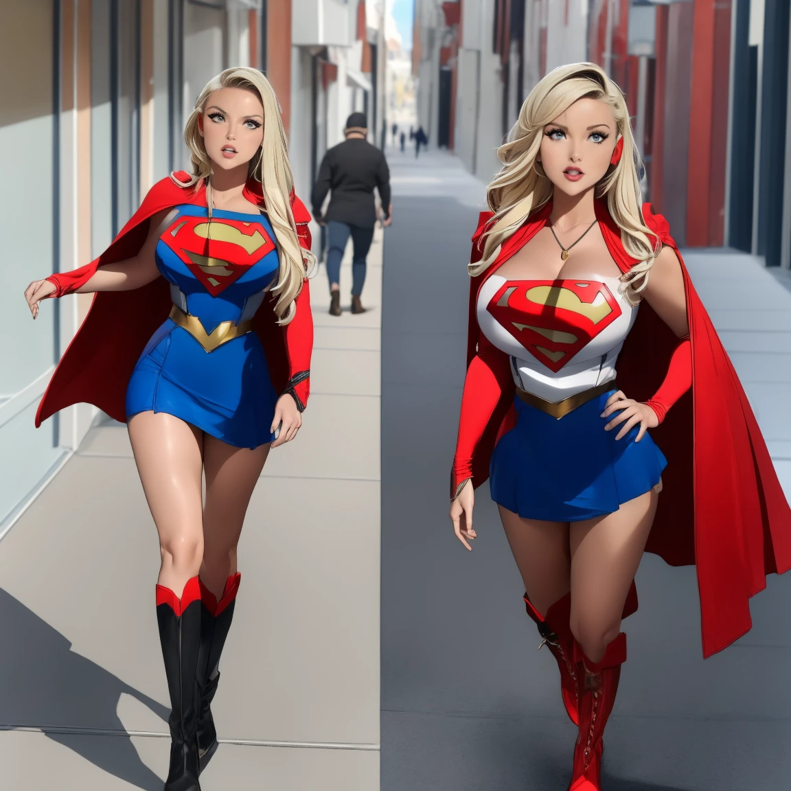 (     top quality ), (     top quality ), (Overall view), Backstreets,Supergirl with a sexy body,  Big Breasts, Beauty,      halter neck tops     ,        short skirt    , Cape,       boots, low top       