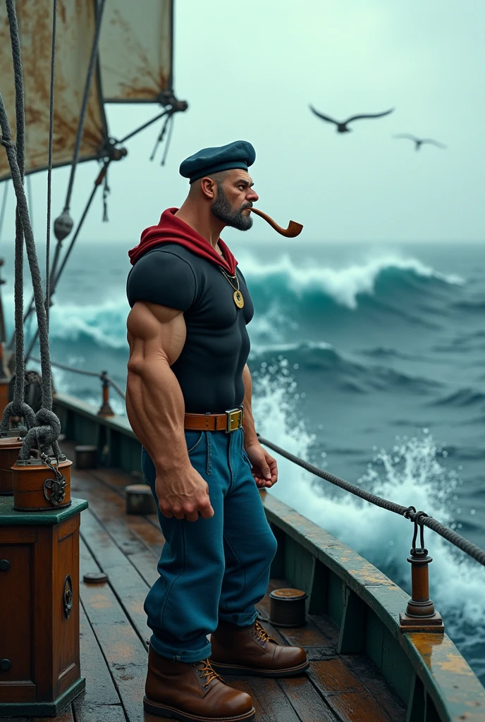 Create a character of Sailor Popeye , on a vessel on the high seas , depict one of your adventures , use realistic image resources in cold colors, resolution 4k
