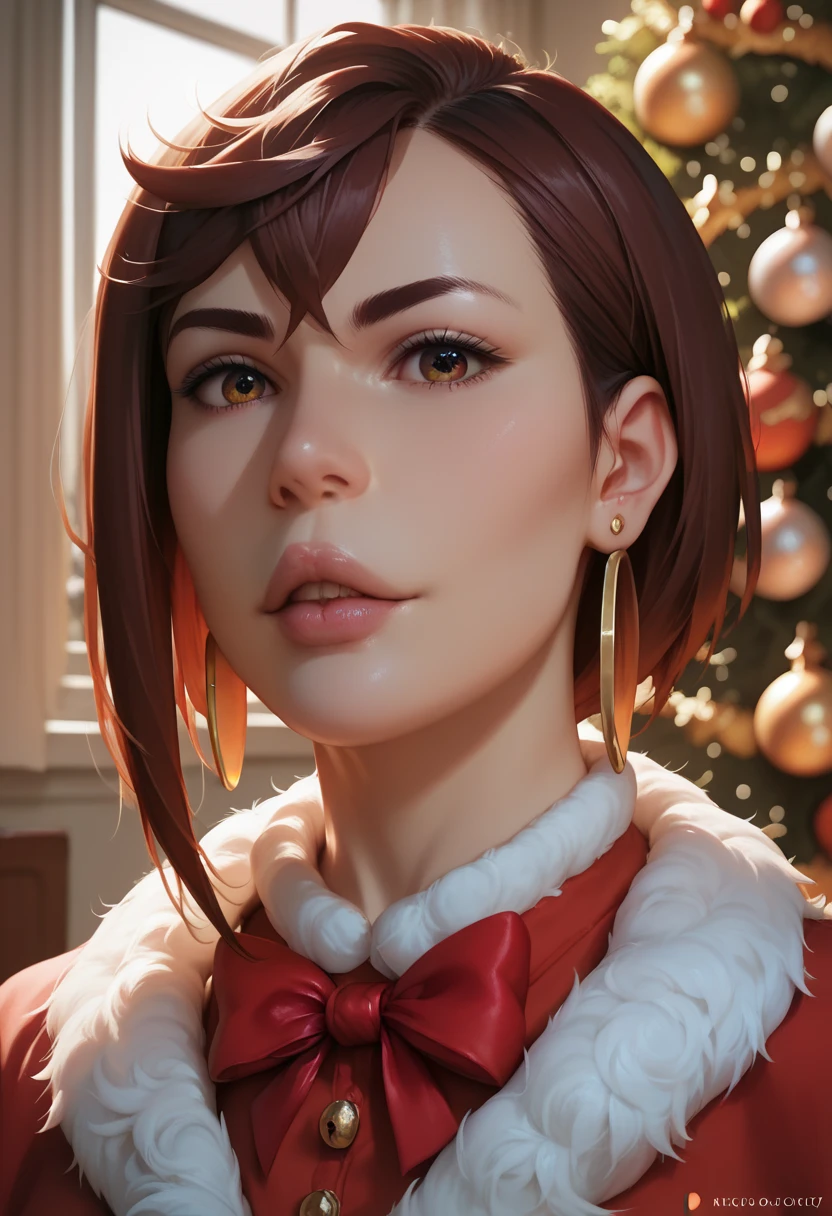 Momo ayase , sexy christmas outfit, close-up of face, detailed facial features, detailed eyes, detailed lips, white fur trim on dress, gold hoop earrings, warm lighting, intricate christmas ornaments in background, photorealistic, 8k, highly detailed