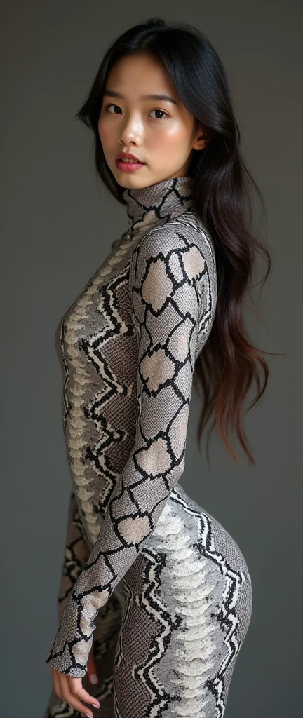 A thin and beautiful asian muslimah muslim woman with beautiful lips and beautiful cheeks wears snake print lycra turtleneck unitard catsuit.She always wear cotton snake print hijab.She is my favourite best beautiful teacher.