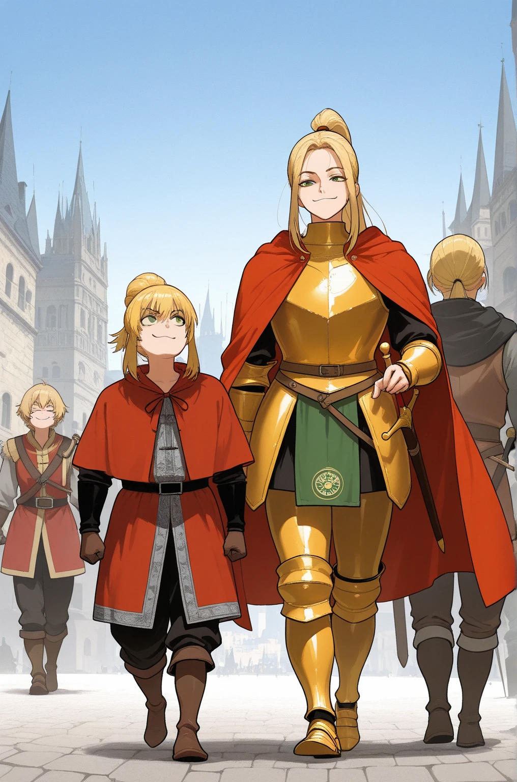 a strong young charming man with long golden hair and a green eyes, smug, black sherwani, ponytail hairstyle, walking with an adult strong charming man with long blonde hair and green eyes wearing a golden armor and red long cloak with a sword, kingdom, city, medieval times