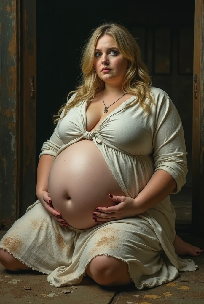 create a high resolution image of a blonde woman with a very large pregnant belly and her face is scared
