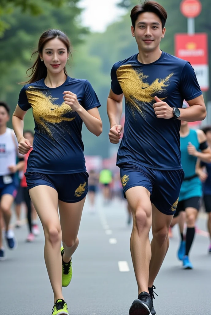 Two asian people, one male and one female, wore navy blue T-shirts with metallic yellow ocean wave patterns. On the shirt, the chest part has the word "1982 runners". jogging outfit. Running, marathone. Dynamic, eye-catching color combination