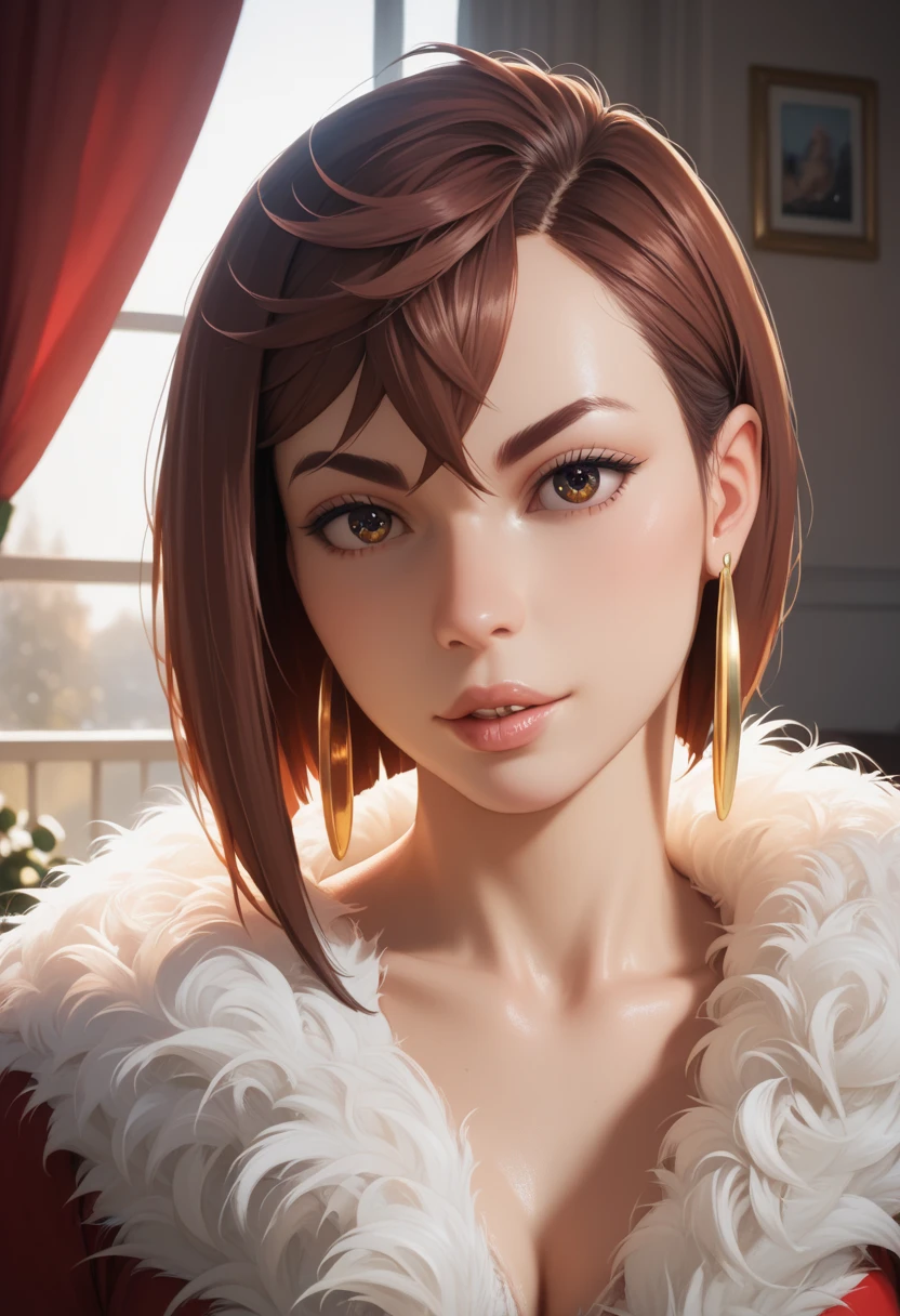 Momo ayase, young girl, lingerie,  body model, body sexi, curvilíneo, detailed facial features, detailed eyes, detailed lips, white fur trim on dress, gold hoop earrings, warm lighting, intricate christmas ornaments in background, photorealistic, 8k, highly detailed